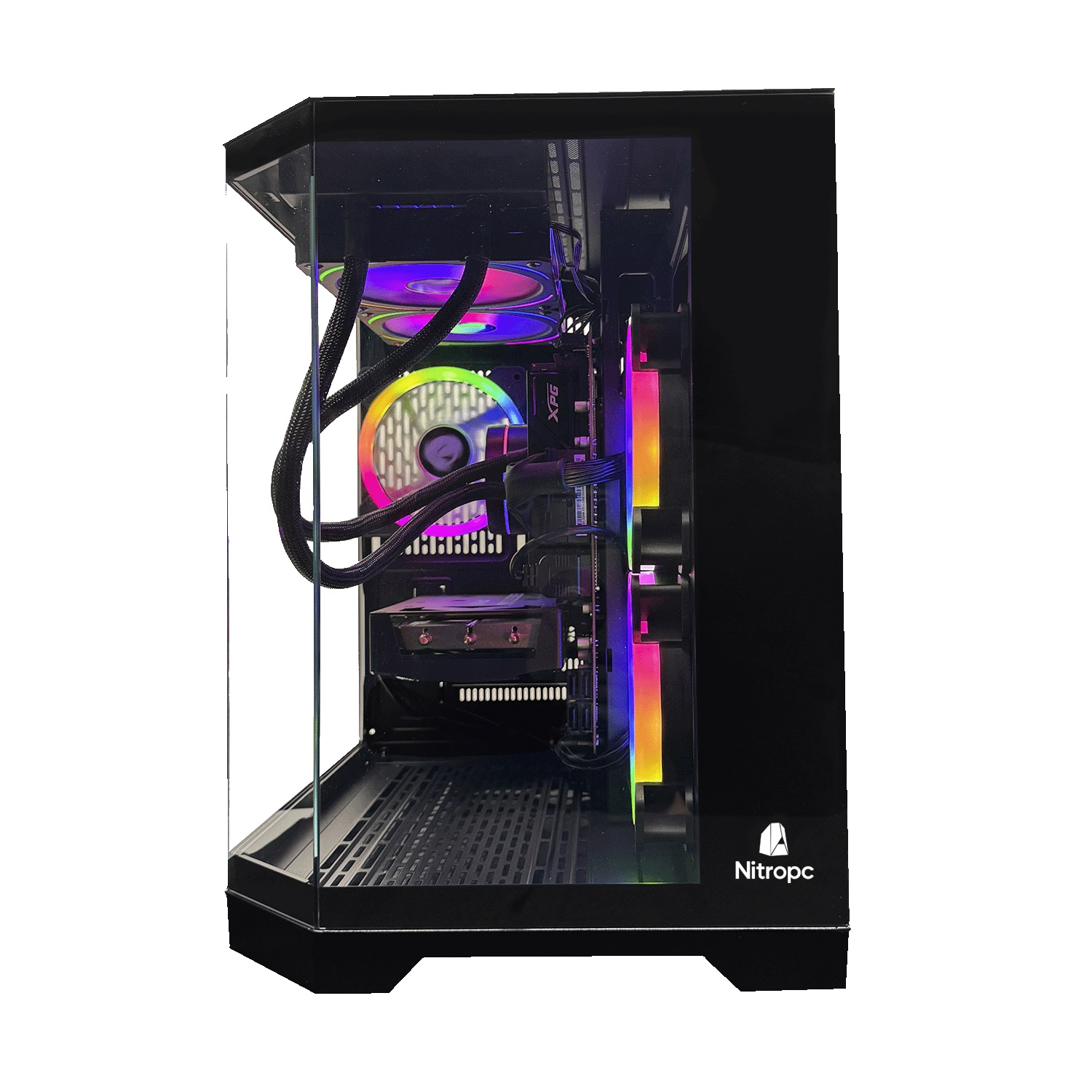 Czarna obudowa komputera ze szklanym panelem bocznym. Wewnątrz widoczne są kolorowe światła LED, wentylatory i różne komponenty komputera.