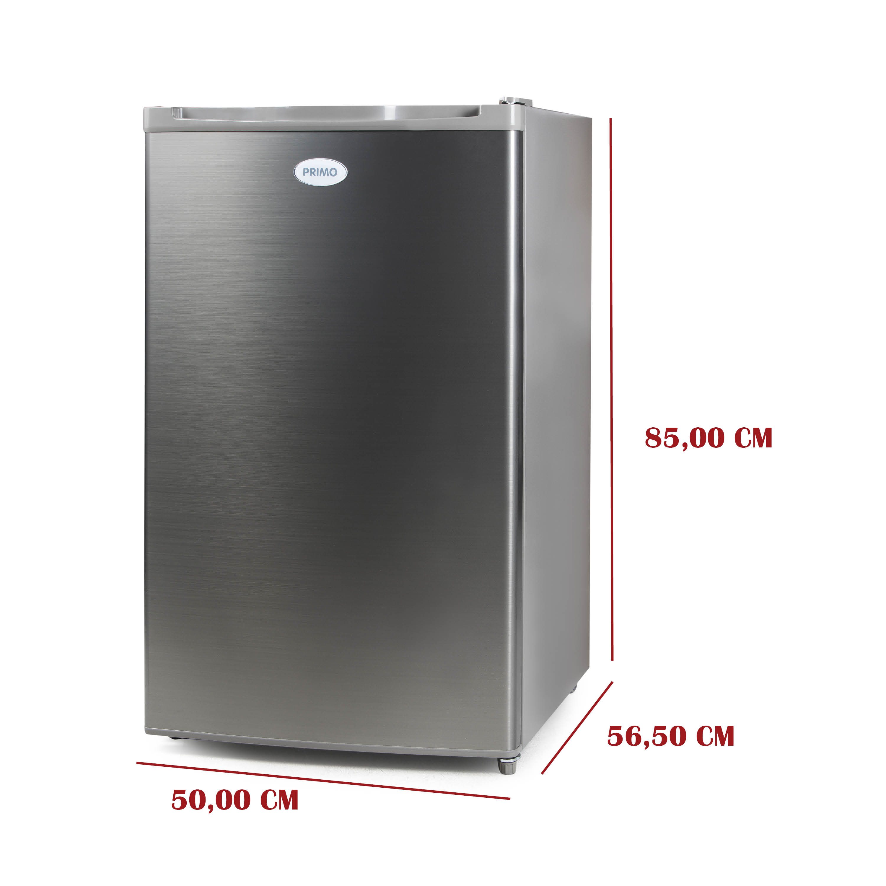 Mini-réfrigérateur en acier inoxydable, étiqueté 'PRIMO', avec dimensions. Fond blanc.