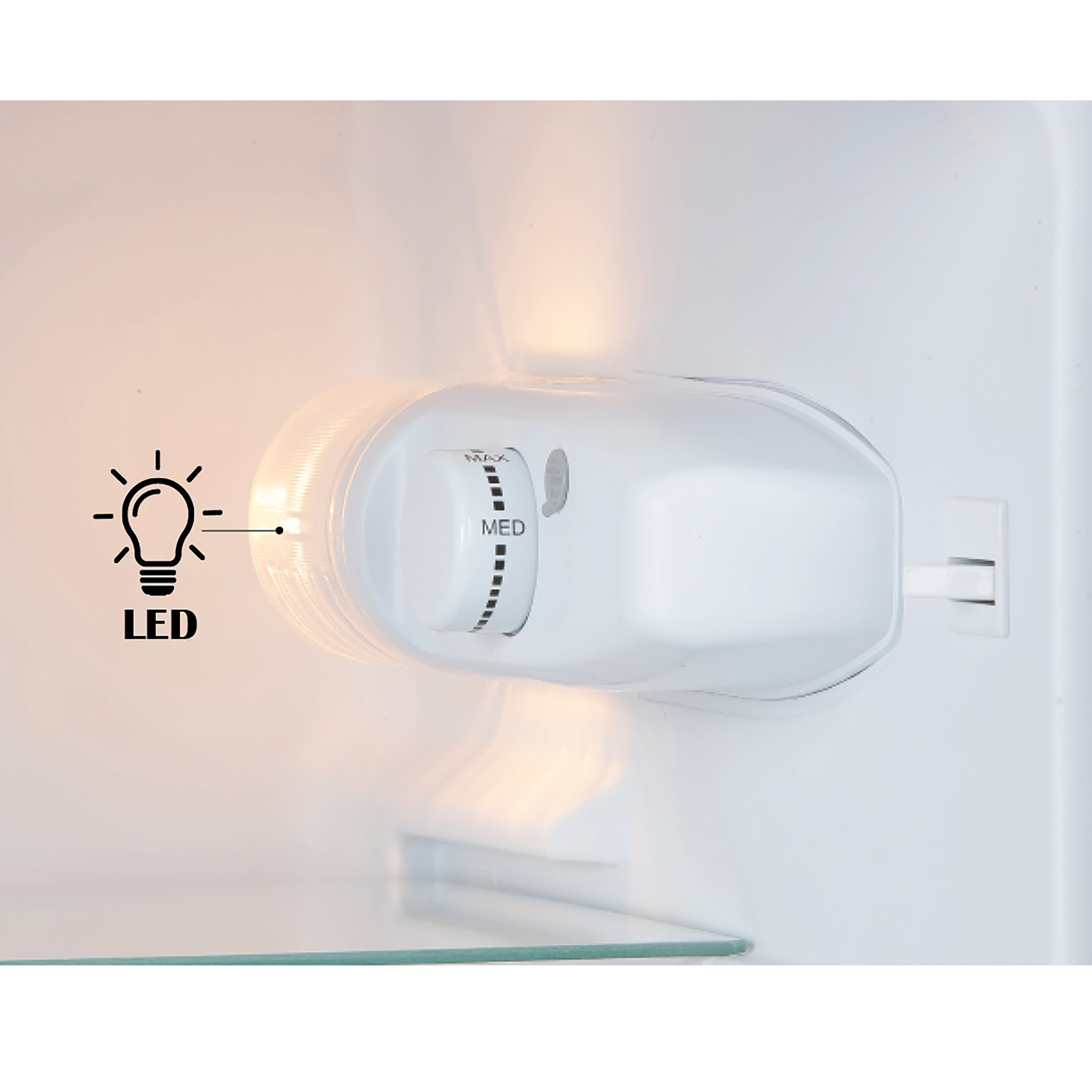 Inside a refrigerator, there's a white control panel with a dial labeled 'MAX' and 'MED'. An LED light is on.