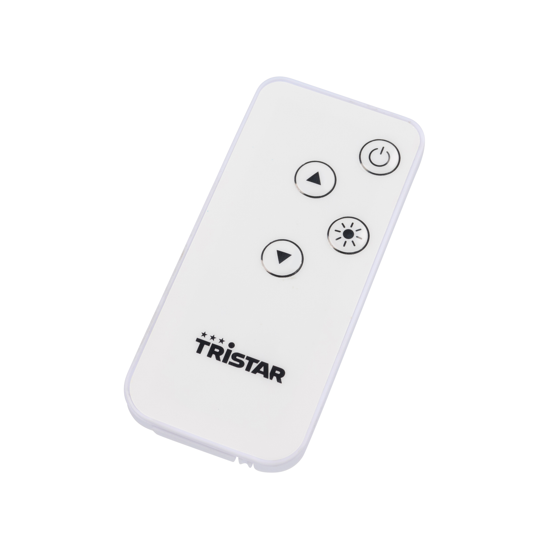 Un telecomando Tristar bianco con pulsanti accensione/spegnimento, luce e su/giù, su sfondo bianco.