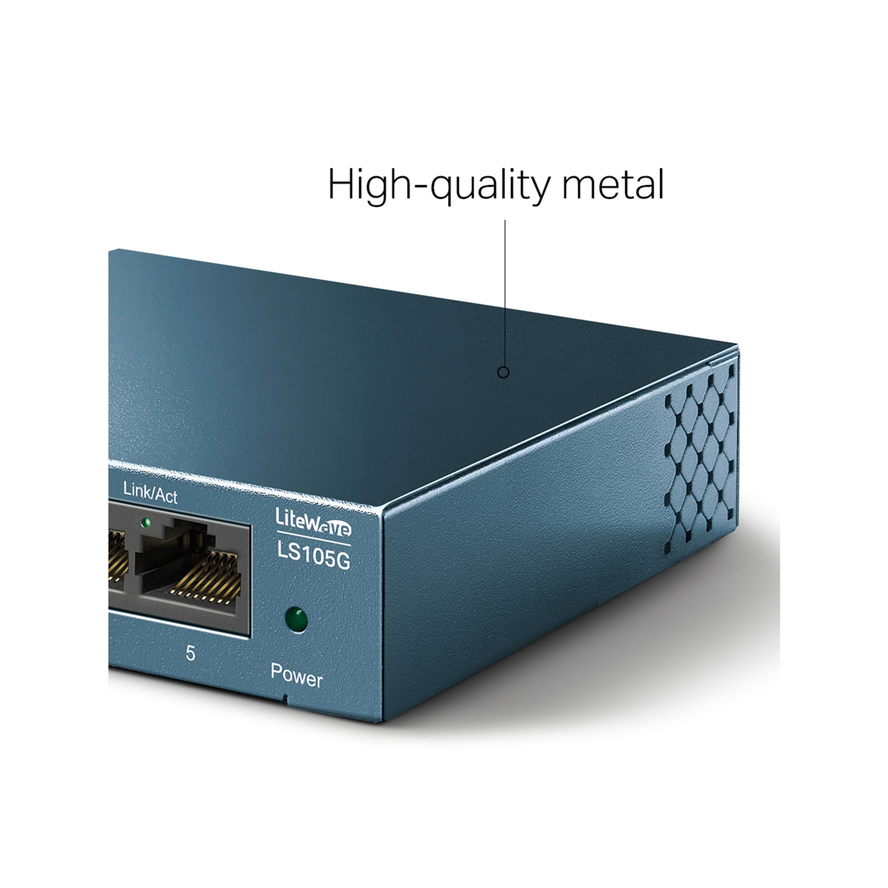 Niebieski metalowy przełącznik sieciowy, model LiteWave LS105G. Posiada porty, kontrolkę zasilania i otwory wentylacyjne. Tekst: Wysokiej jakości metal.