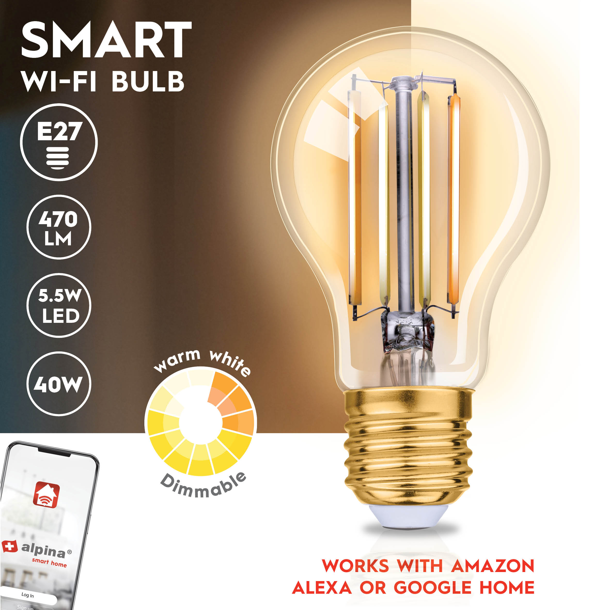 Una lampadina Wi-Fi intelligente con specifiche e app per la casa intelligente. È bianco caldo e dimmerabile. Funziona con Alexa e Google Home.