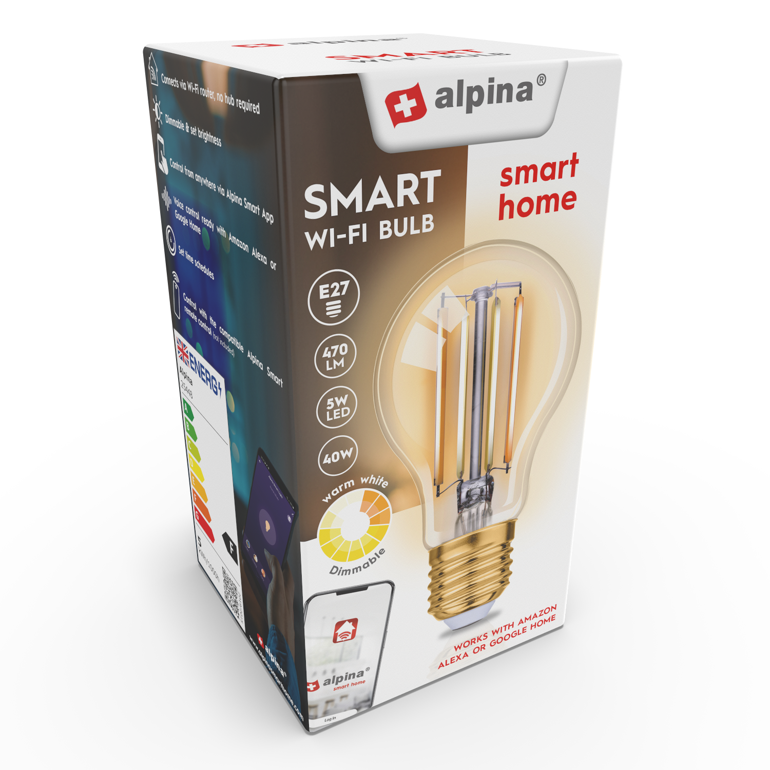 Una scatola mostra una lampadina Wi-Fi intelligente. Ha un'immagine della lampadina e i dettagli del prodotto. Il testo include 'smart home' e 'alpina'.