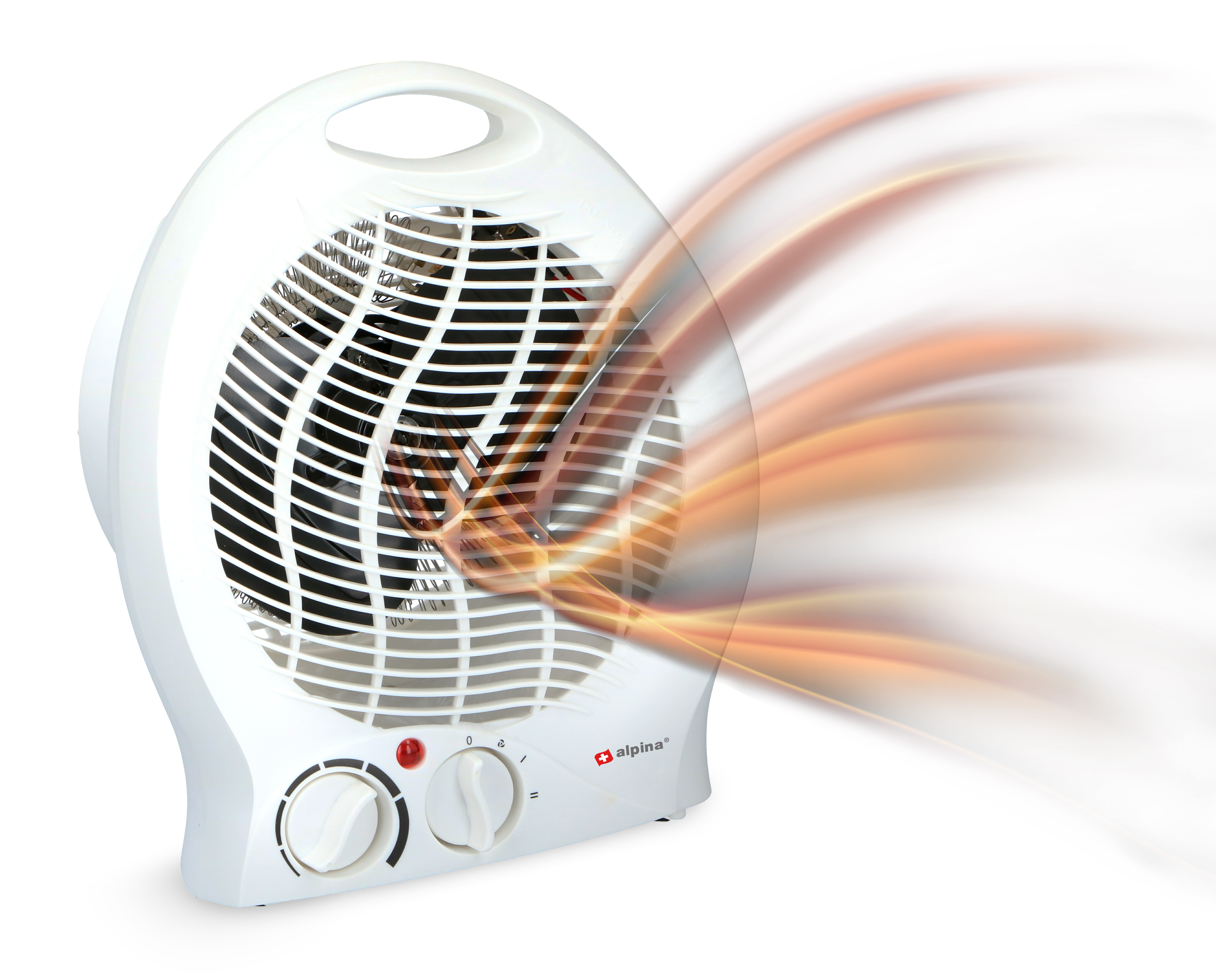 Termoventilatore elettrico bianco con pale e due manopole. Effetto flusso d'aria arancione e giallo.
