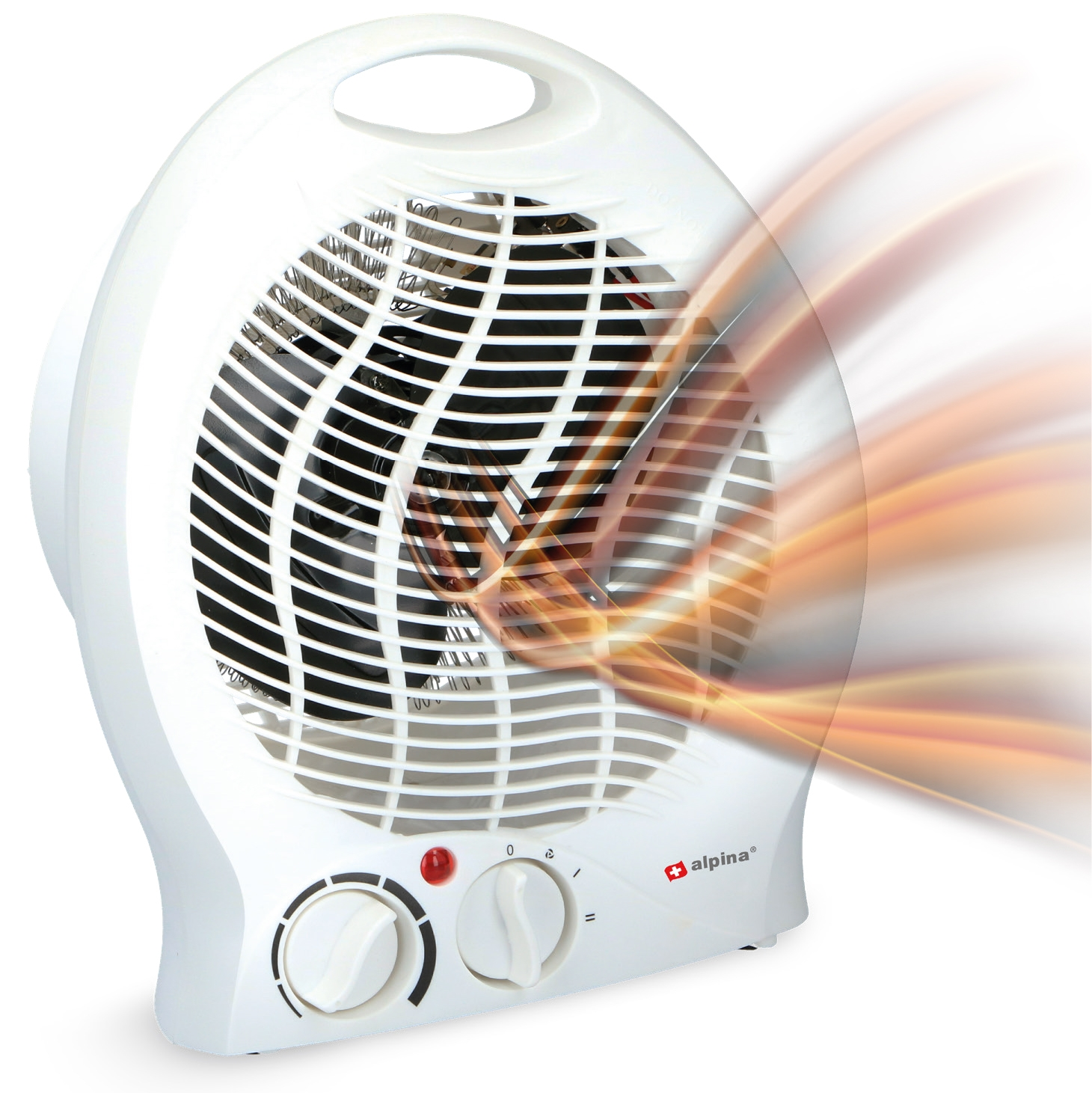Ventilatore elettrico bianco con griglia nera e due manopole. Onde di calore arancioni emanano dal ventilatore. Il marchio alpina è visibile.