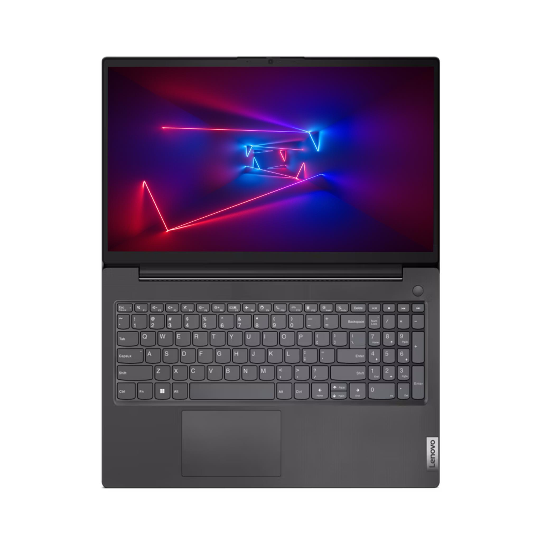 Laptop mit dunkelgrauer Tastatur und Bildschirm mit farbenfrohem, abstraktem Design. Lenovo-Logo sichtbar.