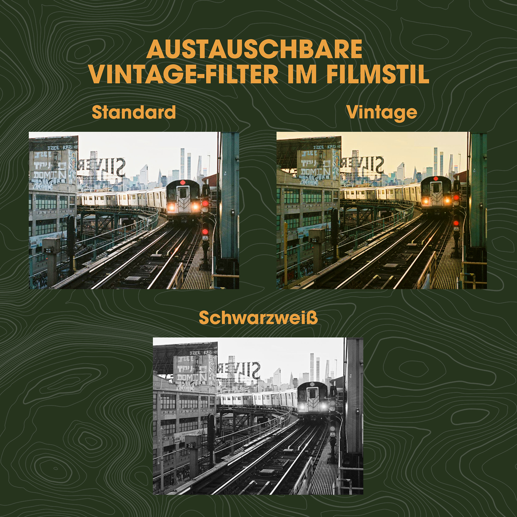 Obraz przedstawia pociąg na torach, trzy warianty zdjęcia. Tekst mówi 'Filtr Vintage'.