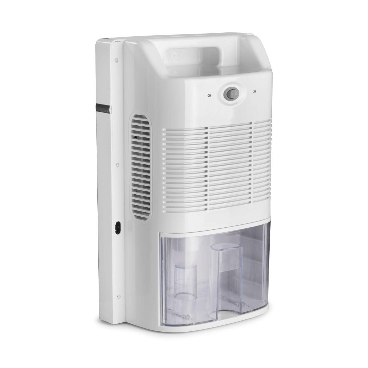 Biały osuszacz powietrza z uchwytem, włącznikiem/wyłącznikiem i przezroczystym zbiornikiem na wodę. Ma lamelowy przód i jest na białym tle.