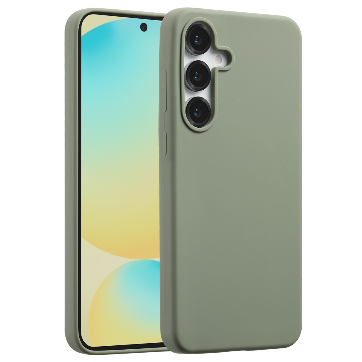 Een smartphone met een groene hoes wordt getoond. Het scherm van de telefoon toont een kleurrijke gradiënt. De hoes heeft camera-uitsparingen.