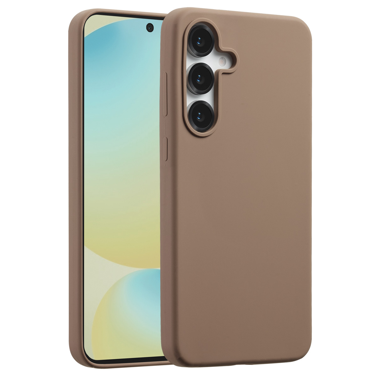 Un étui de téléphone beige se trouve à côté d'un téléphone. Le téléphone affiche un écran bleu clair et jaune. L'étui a des lentilles de caméra.