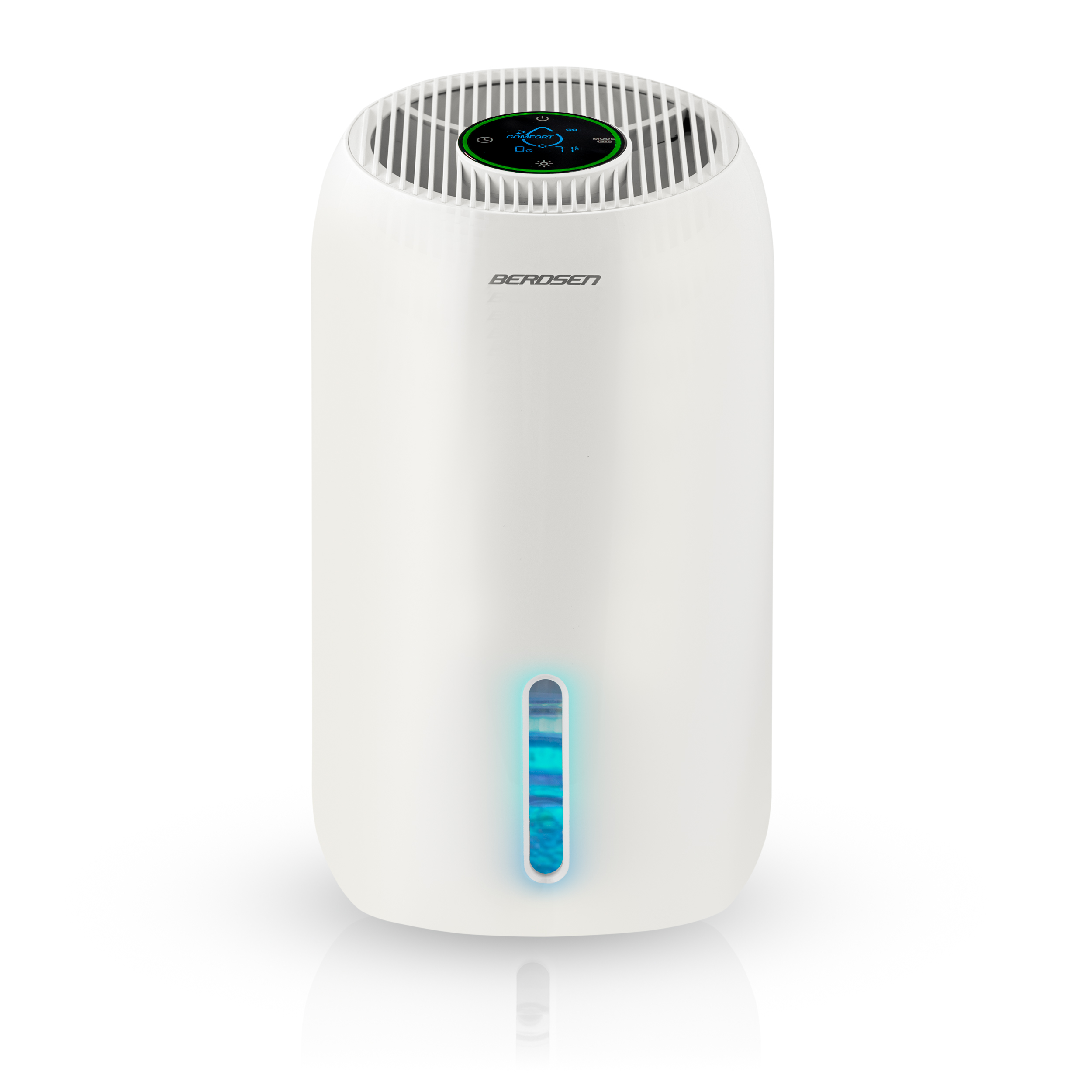 Biały oczyszczacz powietrza z cyfrowym wyświetlaczem. Posiada wskaźnik poziomu wody z niebieskim podświetleniem, marka to Berdsen.