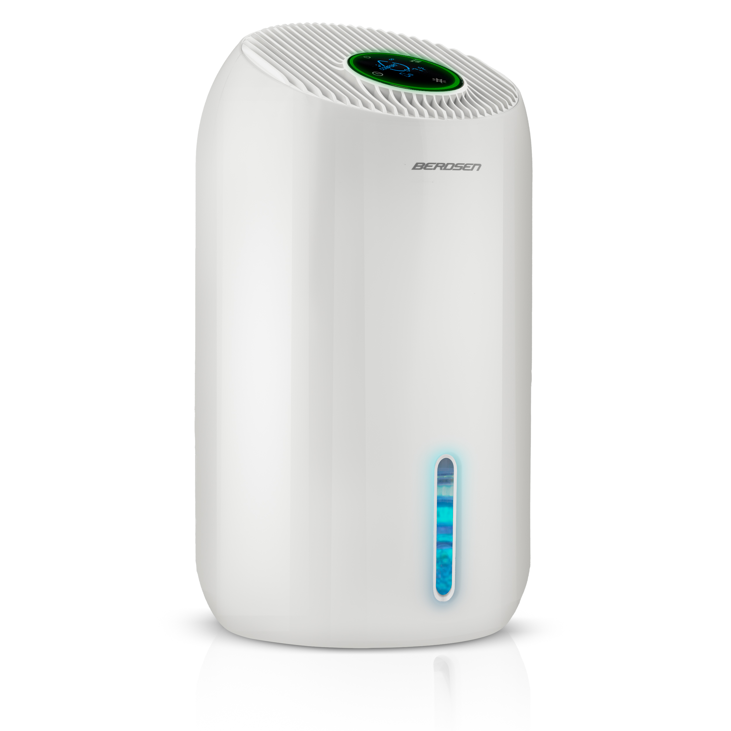 Biały oczyszczacz powietrza z cyfrowym wyświetlaczem. Posiada wskaźnik poziomu wody i widoczną markę 'BEROSEN'.