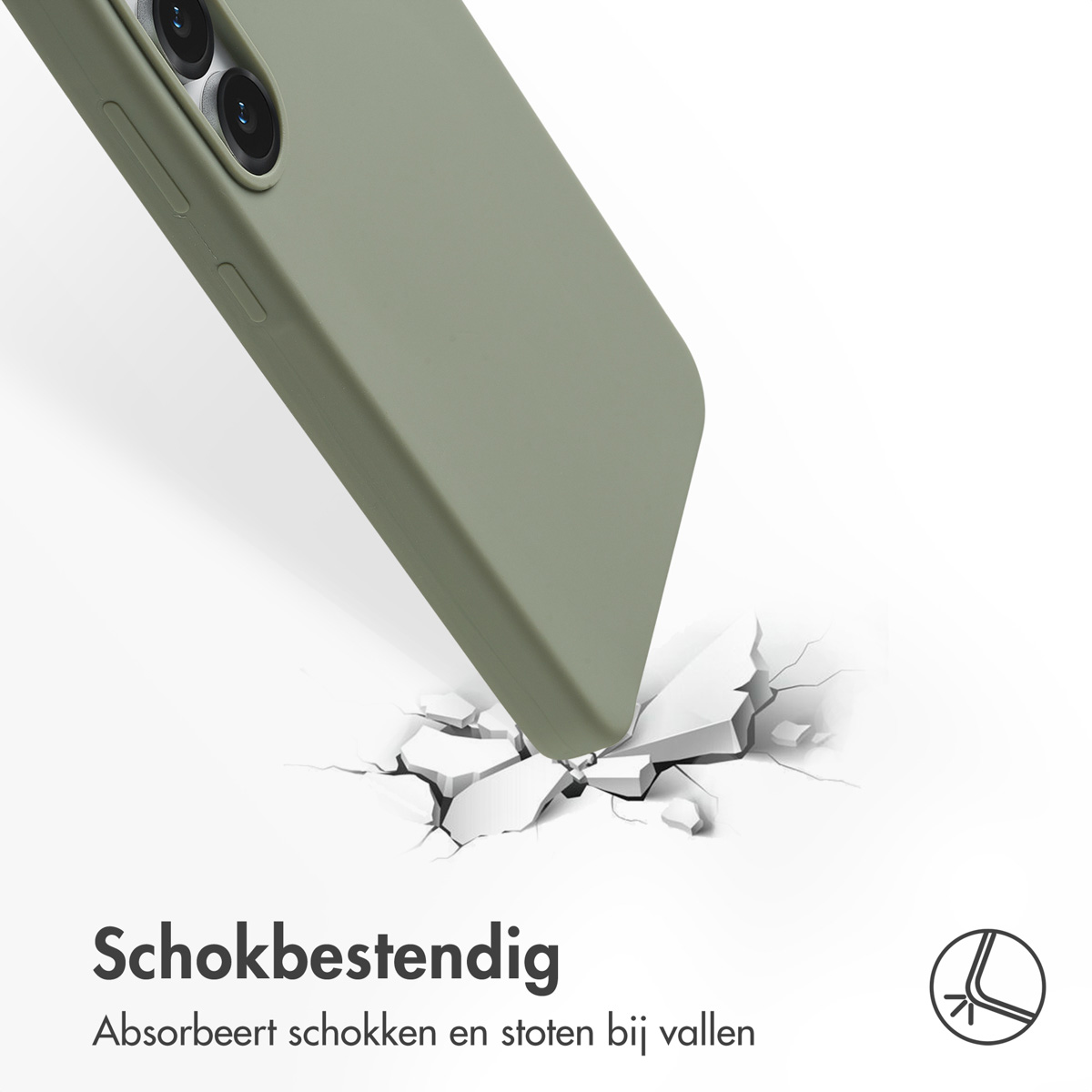Een groene telefoonhoes valt, raakt een oppervlak en breekt het. De tekst 'Schokbestendig' is zichtbaar.