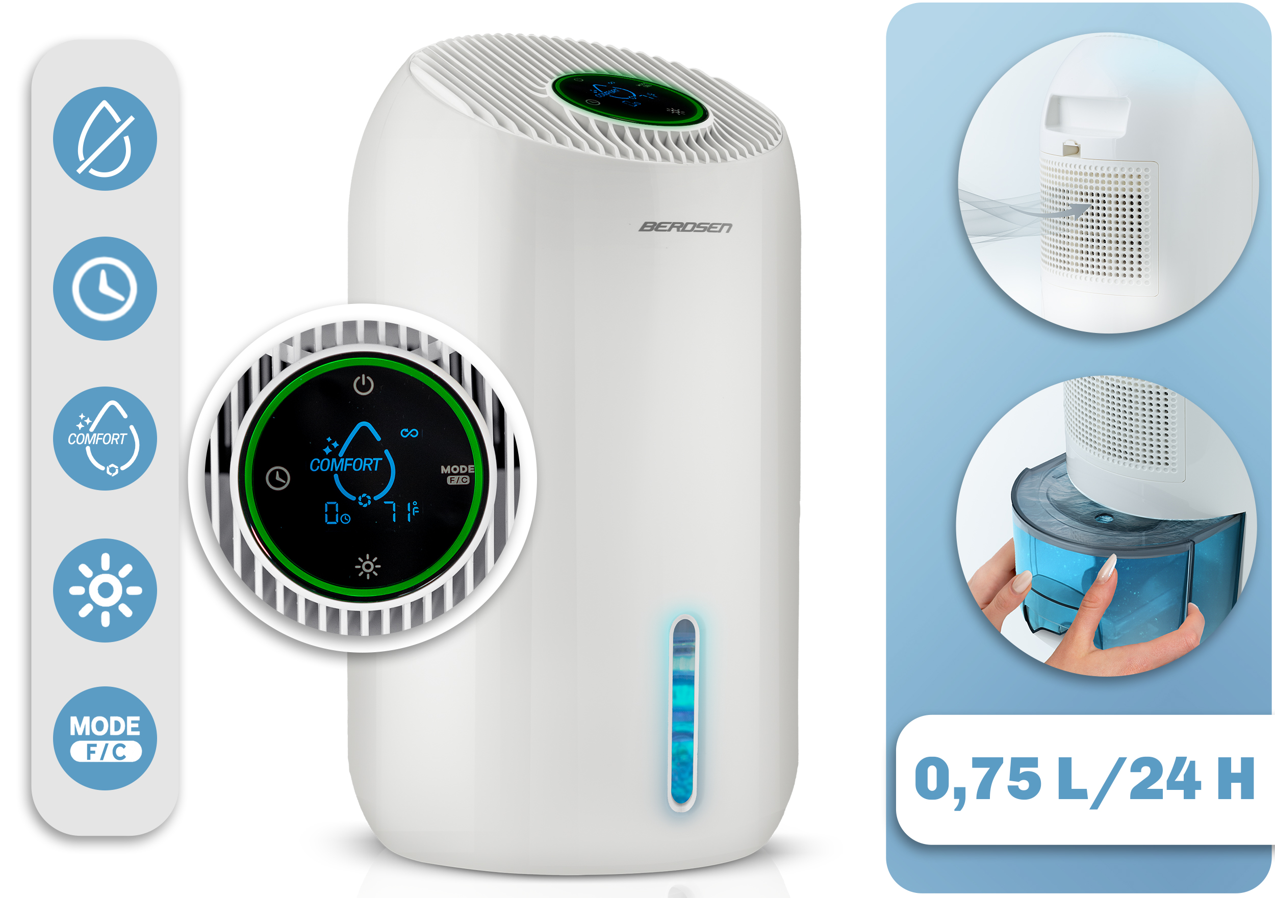 Biały oczyszczacz powietrza z cyfrowym wyświetlaczem. Pokazuje tryb 'Comfort'. Posiada wskaźnik poziomu wody i zbiornik. Zawiera ikony.