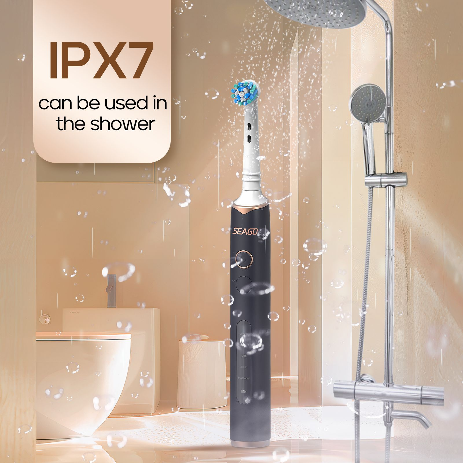 Elektrische Zahnbürste in einer Duschszene mit Text 'IPX7 kann in der Dusche verwendet werden'. Wassertropfen sichtbar.