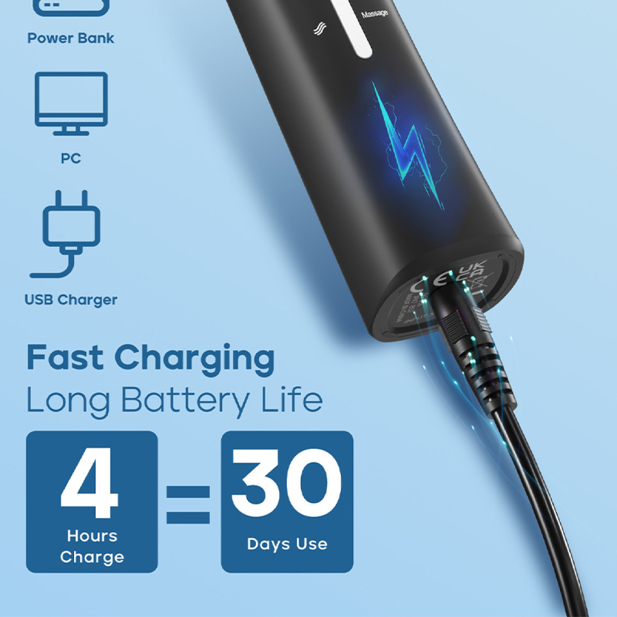 Schwarzes Massagegerät wird geladen. Text: Schnellladung, lange Akkulaufzeit, 4 Stunden Laden = 30 Tage Nutzung. Symbole: Powerbank, PC, USB-Ladegerät.