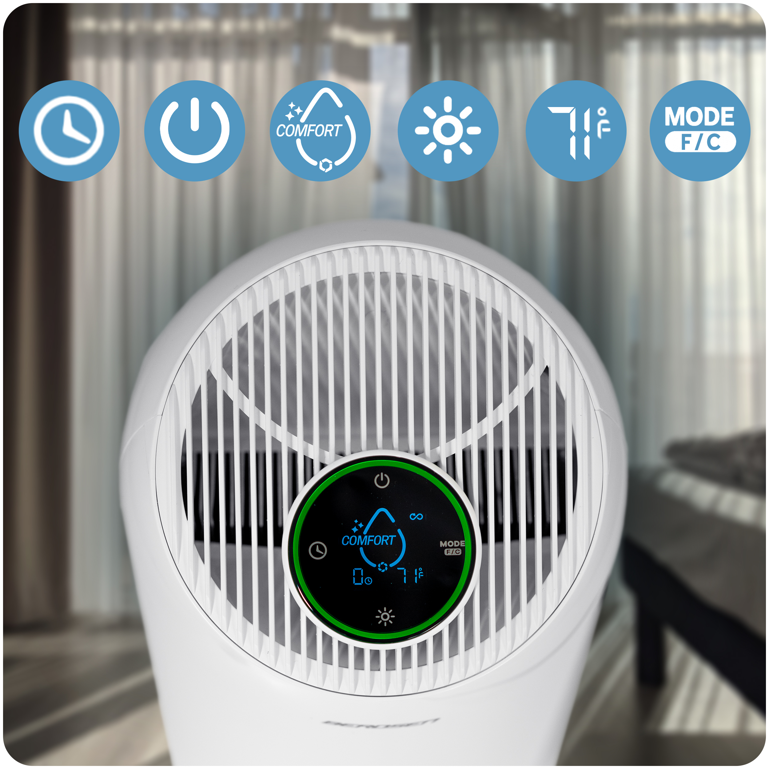 Biały oczyszczacz powietrza z cyfrowym wyświetlaczem. Pokazuje komfort, temperaturę i ustawienia trybu. Przyciski i ikony na górze.