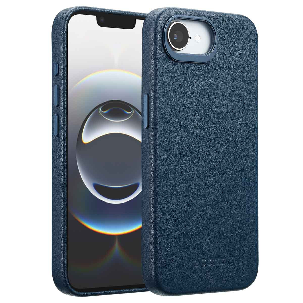 Twee blauwe telefoonhoesjes naast elkaar. Eén heeft een telefoon erin. De hoesjes hebben een getextureerd oppervlak en camera-uitsparingen.