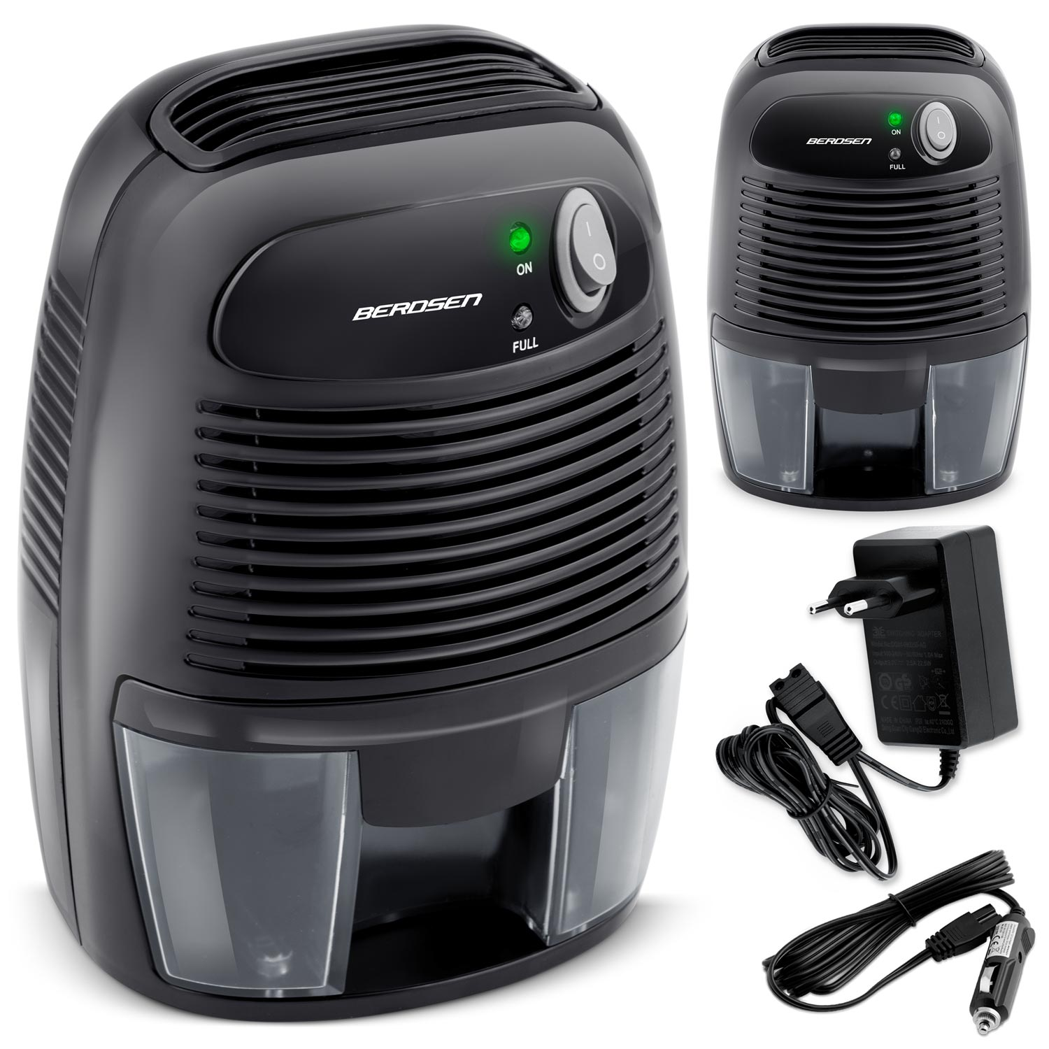 Czarny osuszacz powietrza z zasilaczem. Ma włącznik/wyłącznik z zielonym światłem i wskaźnikiem poziomu wody.