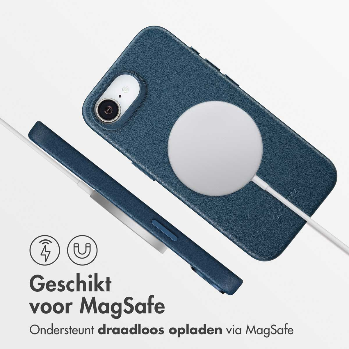 Een blauwe telefoonhoes met een witte draadloze oplader. Tekst: 'Geschikt voor MagSafe' en 'Ondersteunt draadloos opladen via MagSafe'.