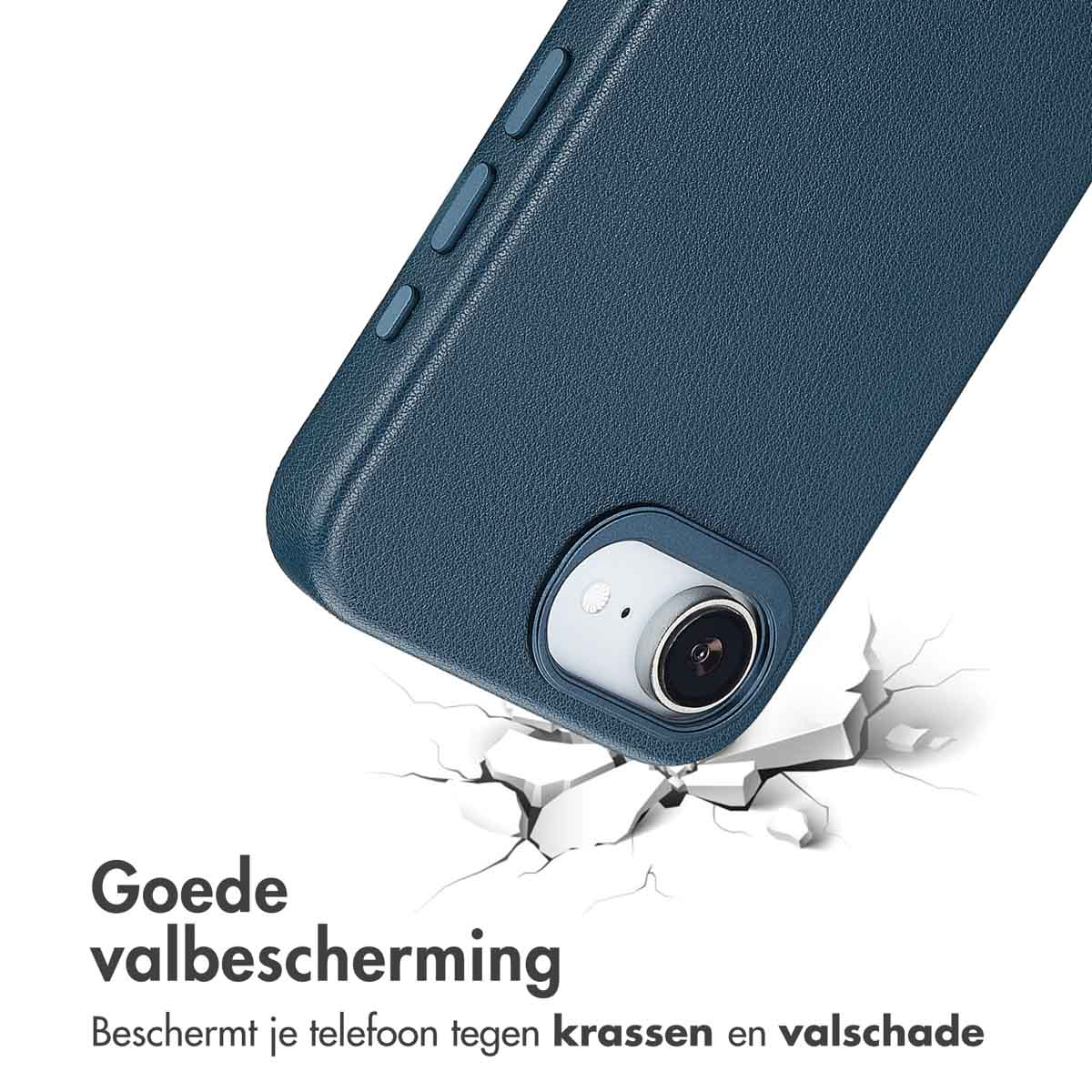 Een blauwe telefoonhoes wordt getoond met een gebarsten grondeffect, met de woorden 'Goede valbescherming' en tekst die 'Bescherm uw telefoon' betekent.