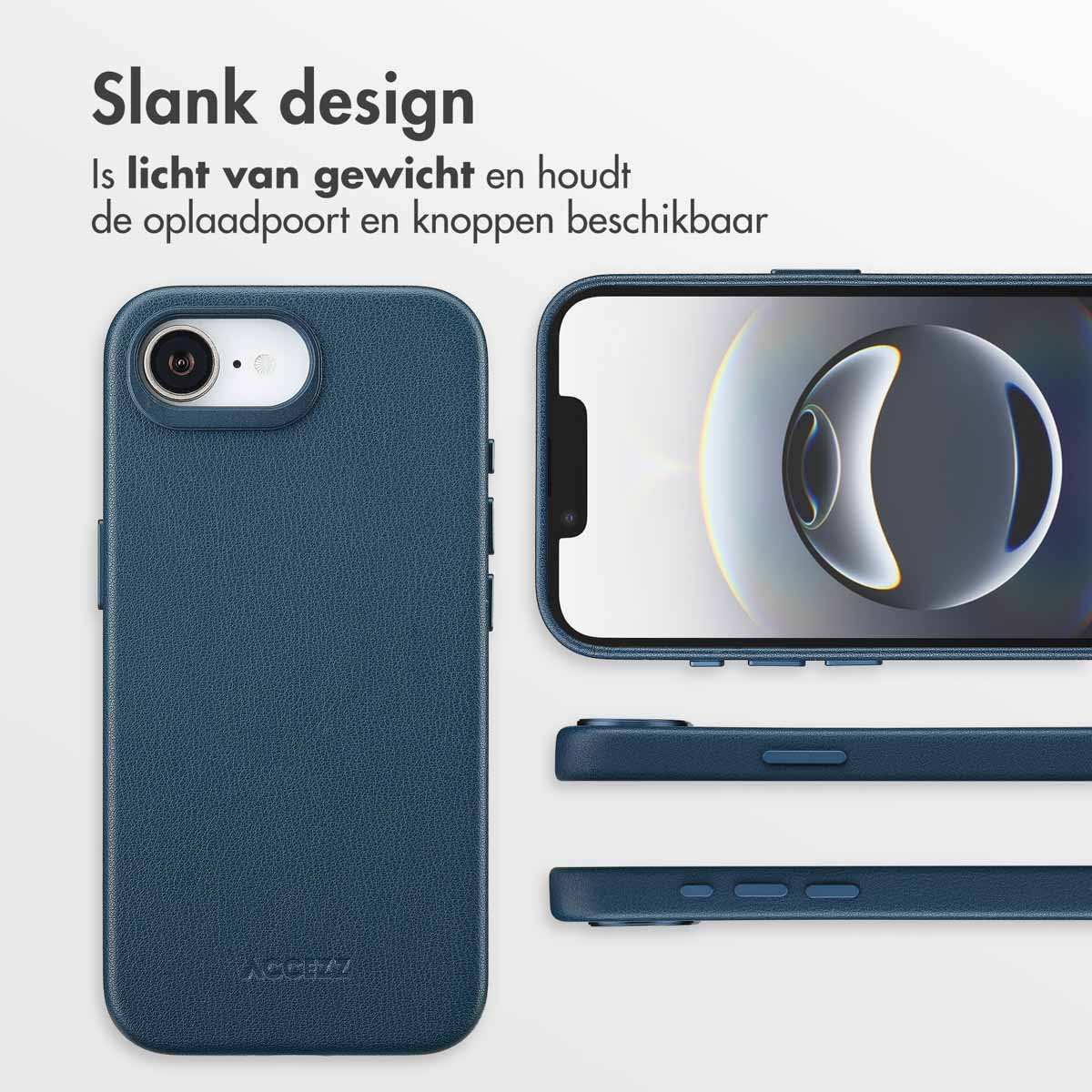 Een blauwe telefoonhoes naast een telefoon met het scherm aan. Tekst zegt: Slank design. Het is licht van gewicht en houdt de oplaadpoort en knoppen beschikbaar.