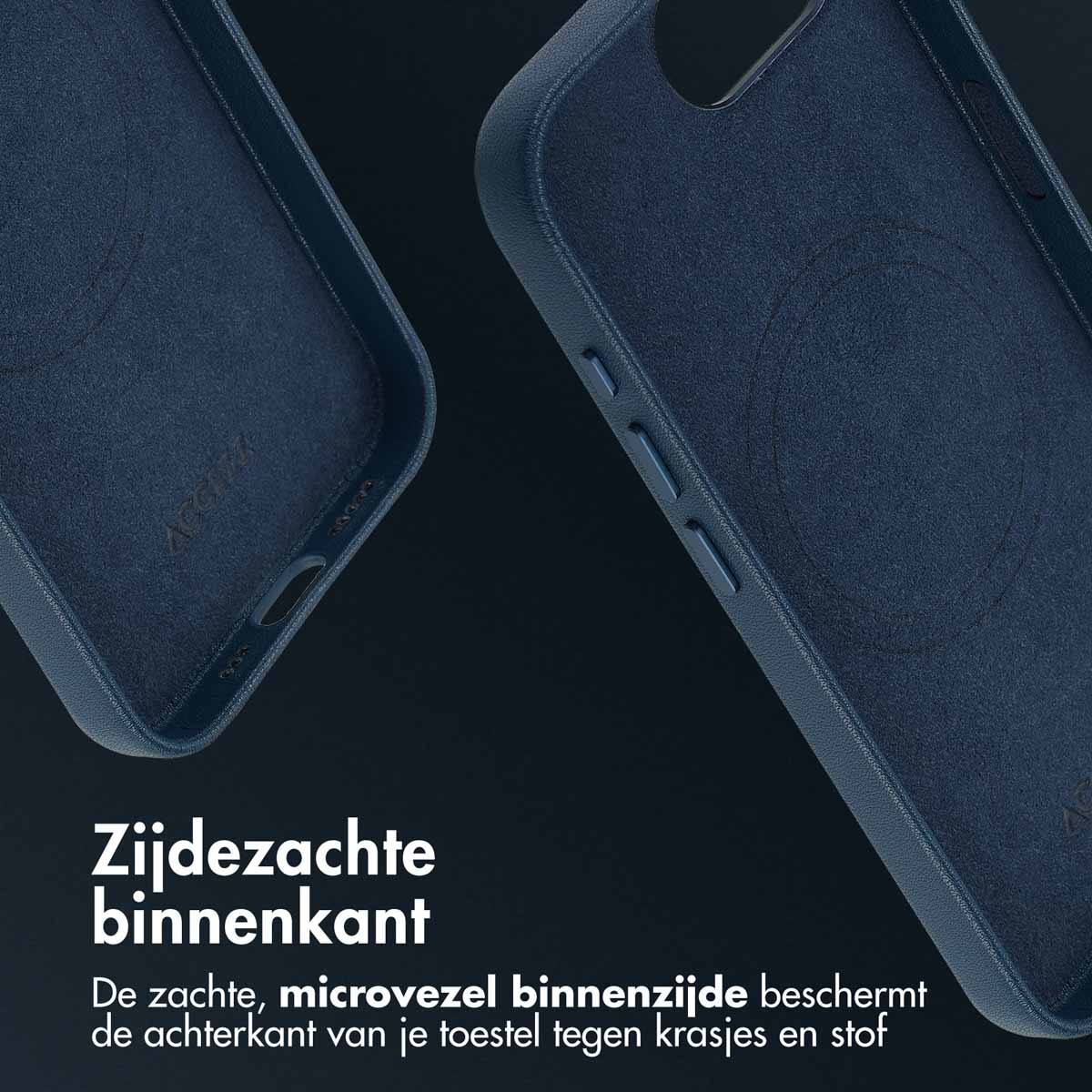 Close-up van de binnenkant van een donkerblauwe telefoonhoes. De zachte microvezel binnenkant beschermt tegen krassen en stof.