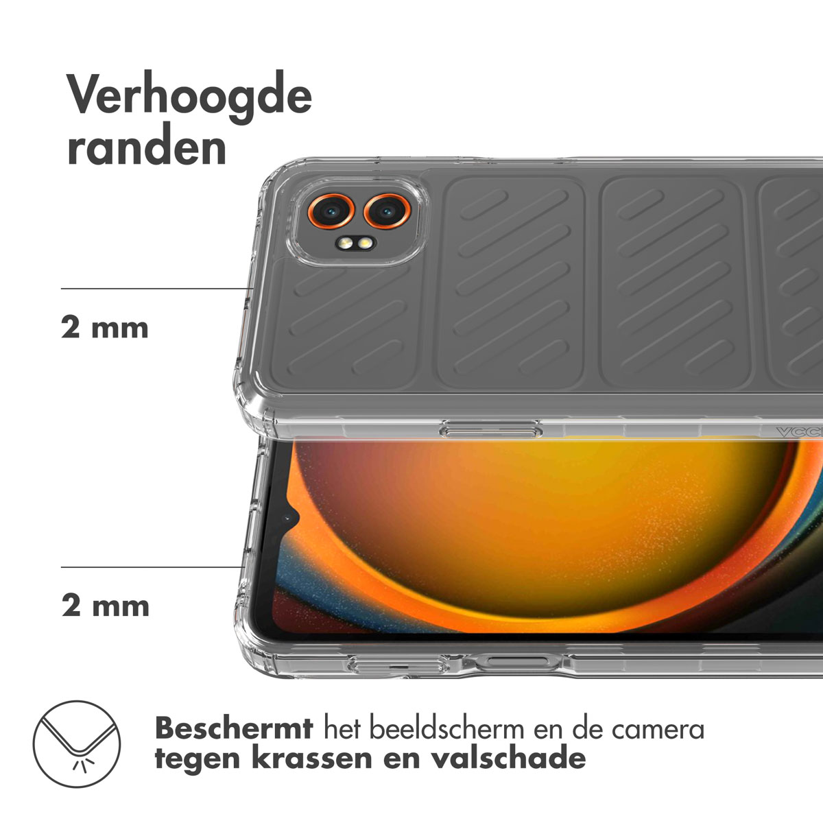 Telefoonhoesje met beschermende randen, met een telefoonscherm. Tekst: 'Verhoogde randen' en 'Beschermt het beeldscherm'.