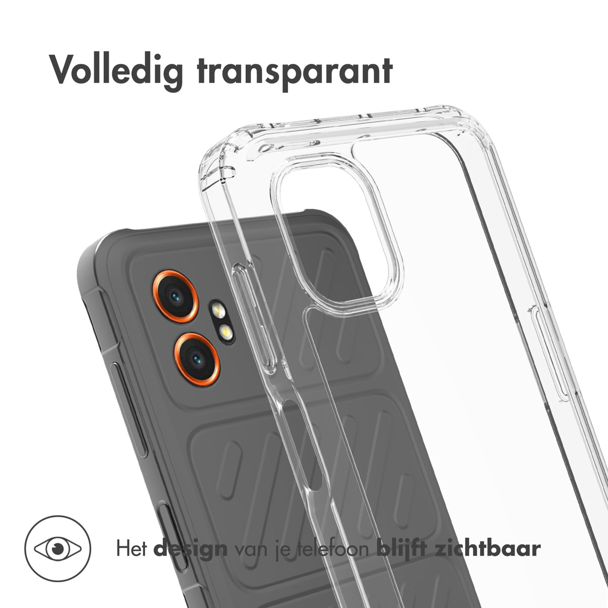Een doorzichtige telefoonhoes over een grijze telefoon. De telefoon heeft oranje omrande cameralenzen. Tekst: 'Volledig transparant' en 'Het design van je telefoon blijft zichtbaar'.