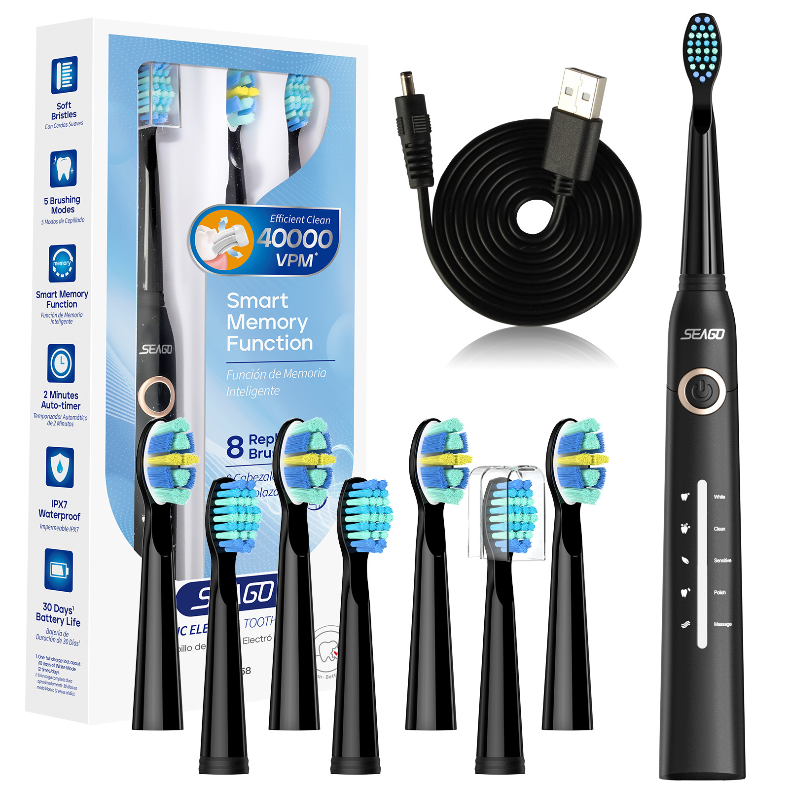 Ein elektrisches Zahnbürstenset. Auf der Verpackung sind das Produkt und seine Eigenschaften abgebildet. Mehrere Bürstenköpfe und ein Ladegerät sind ebenfalls sichtbar.
