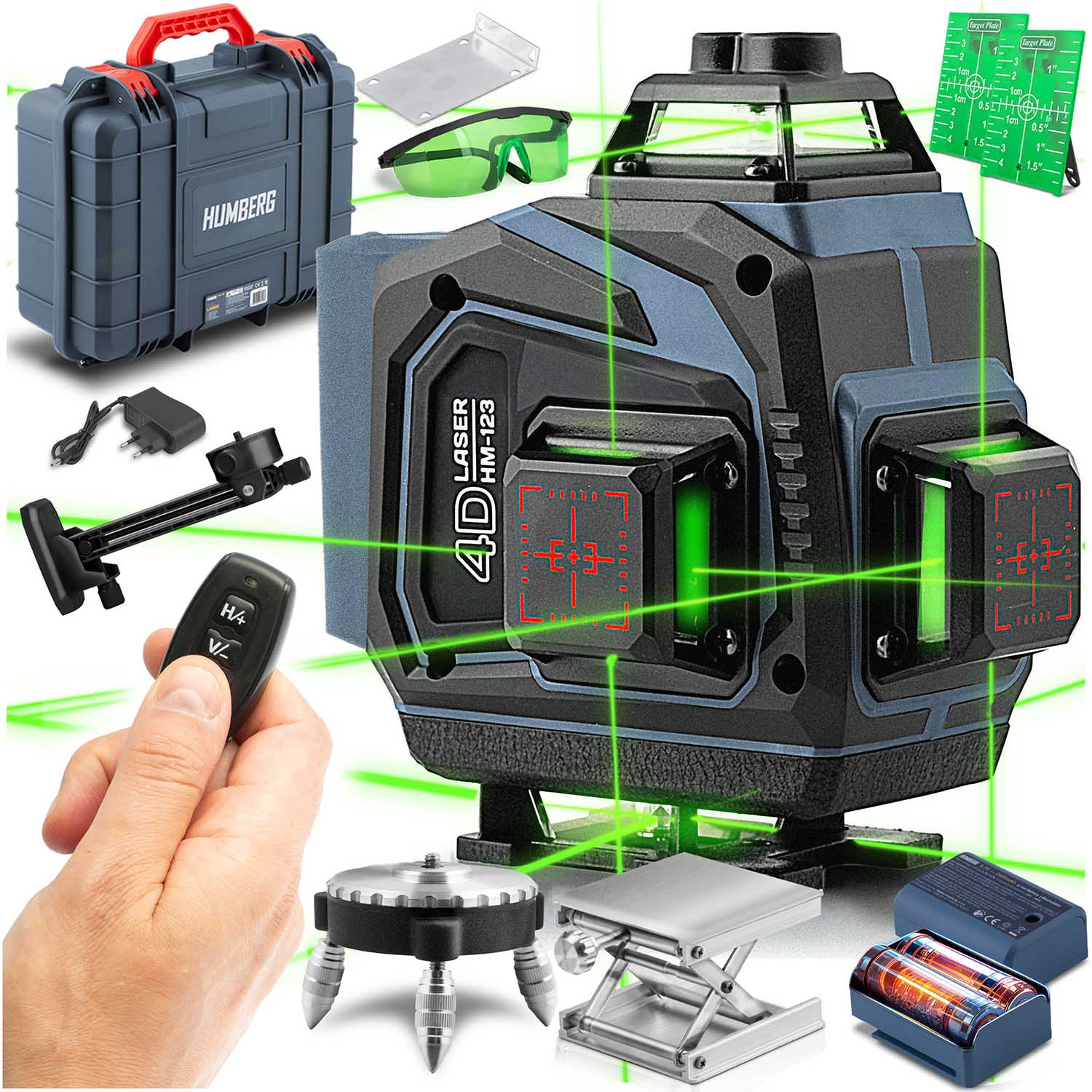 Zestaw poziomicy laserowej 4D z walizką, okularami, pilotem, akcesoriami i zielonymi wiązkami laserowymi. Zawiera dłoń trzymającą pilota.