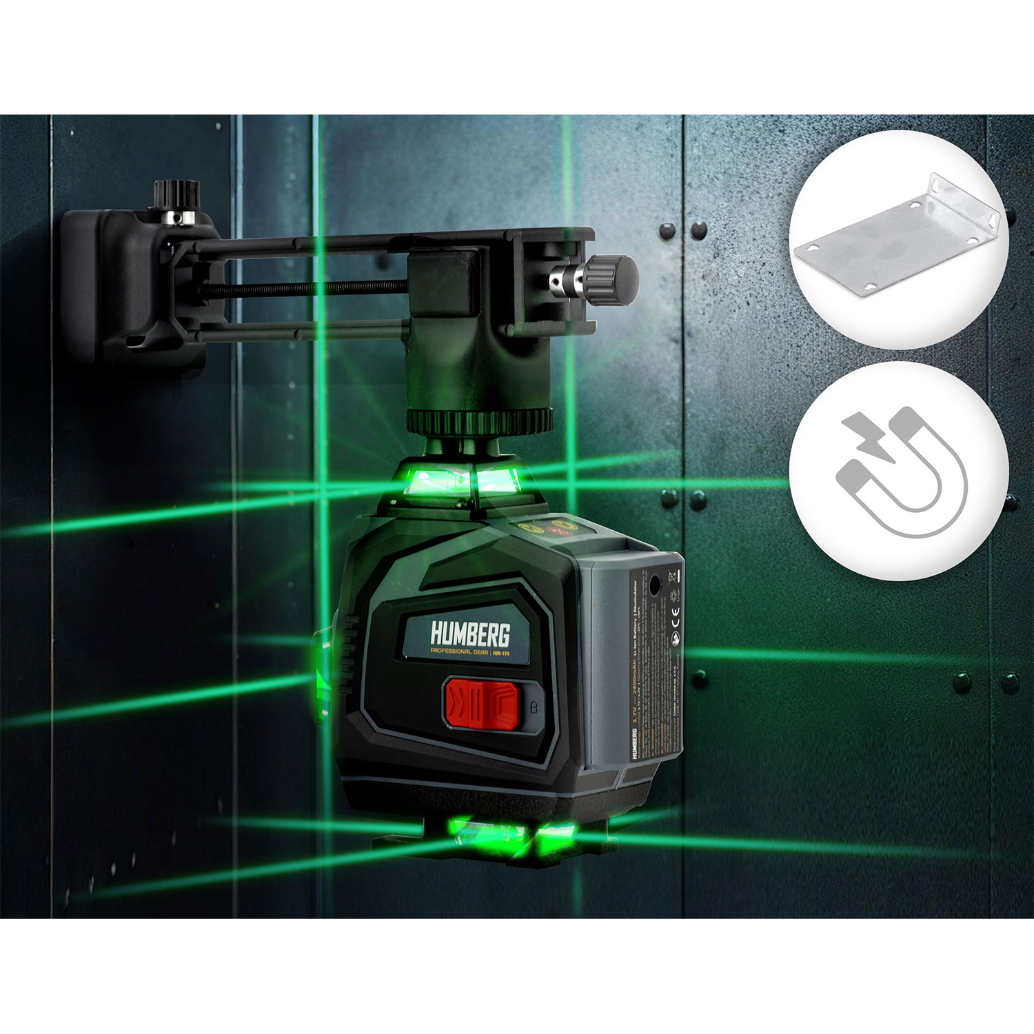 Czarny i zielony poziom lasera zamontowany na ścianie. Zielone lasery są wyświetlane. Tło to ciemna ściana z metalową płytą.