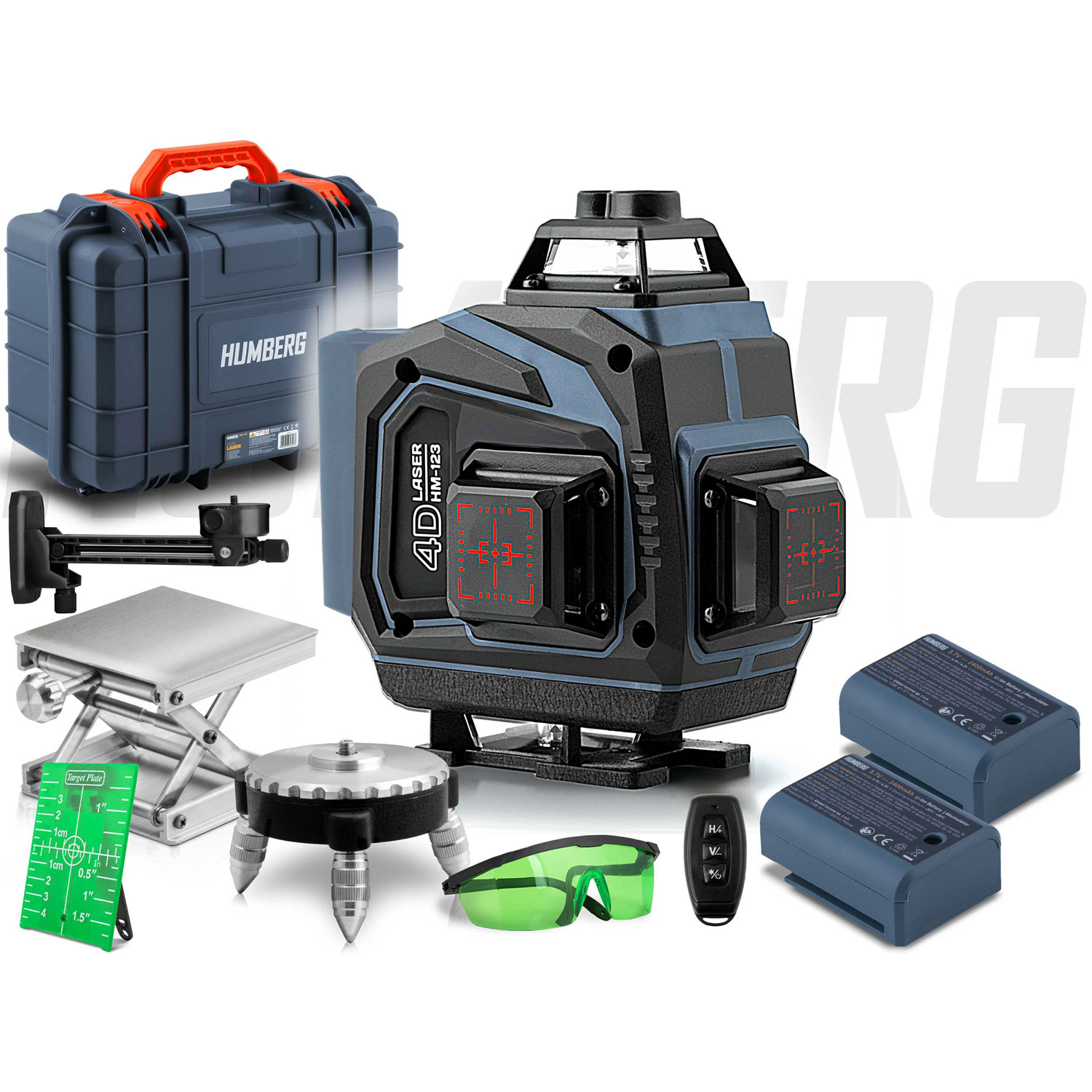 Zestaw poziomicy laserowej 4D z akcesoriami, w tym etui, bateriami, okularami i pilotem. Główna jednostka jest czarno-niebieska.