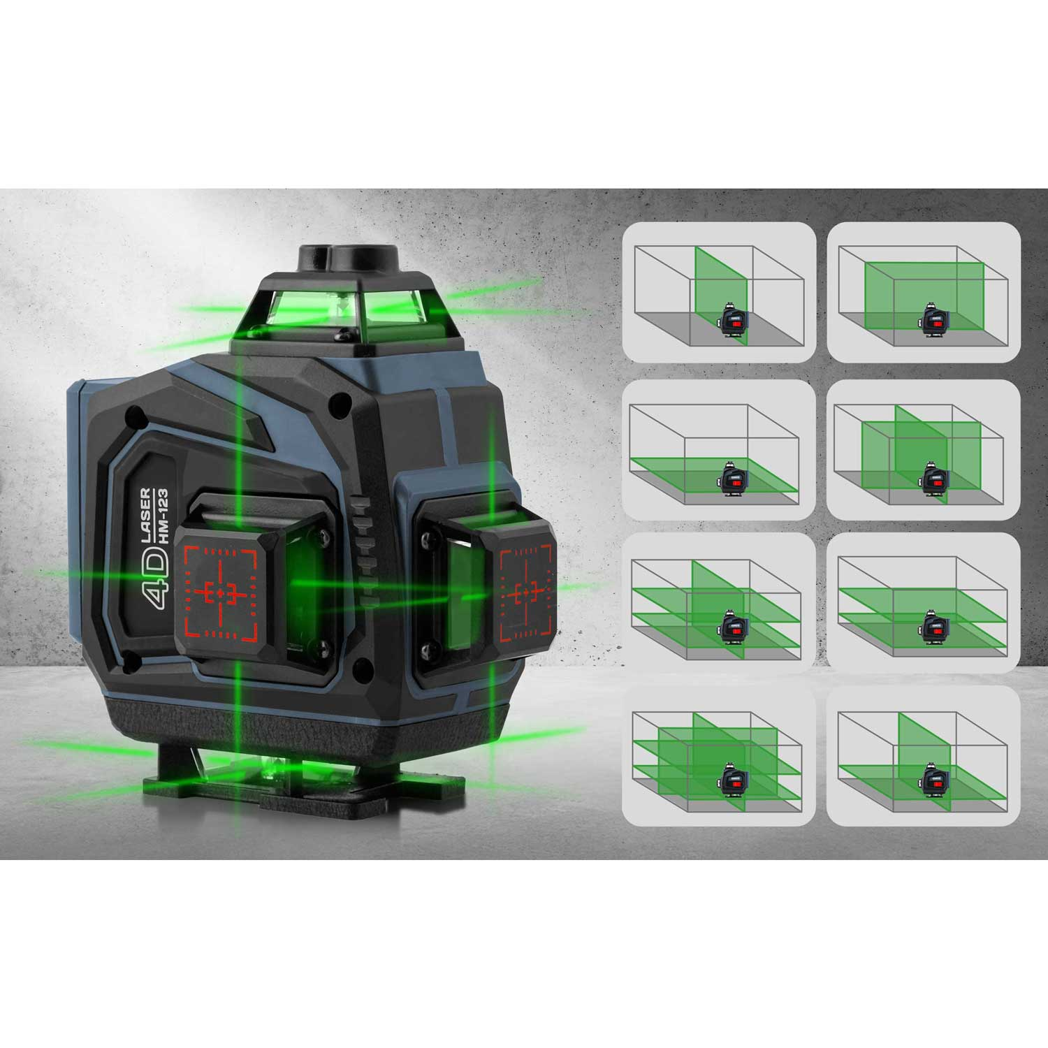 Poziomica laserowa 4D z zielonymi wiązkami lasera, niebieską i czarną obudową. Wyświetla projekcje w szarej skrzynce. Tło to szara ściana.