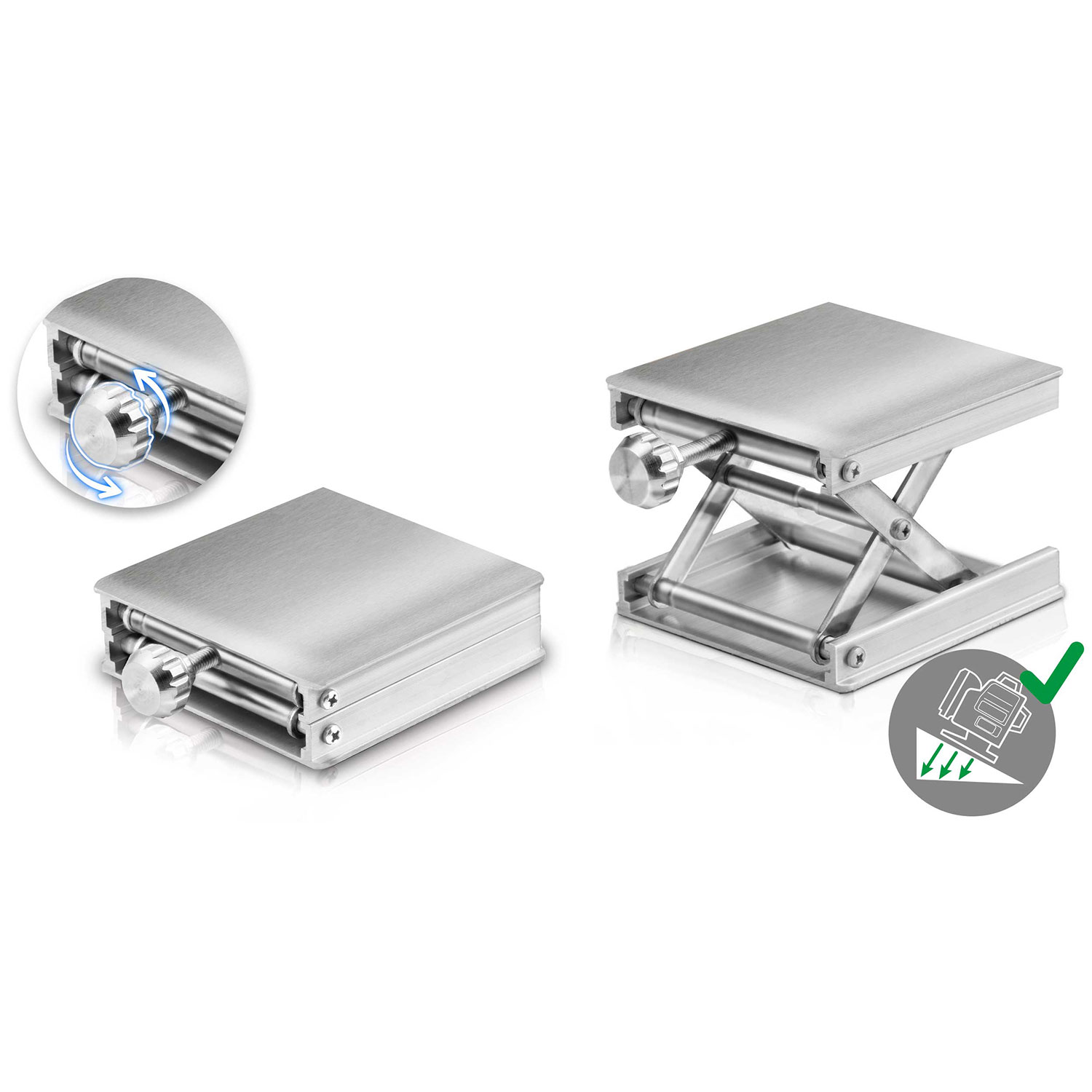 Metalowy stół podnośnikowy nożycowy, jeden złożony, jeden rozłożony. Zbliżenie pokazuje pokrętło regulacyjne. Zielony haczyk zatwierdza projekt.