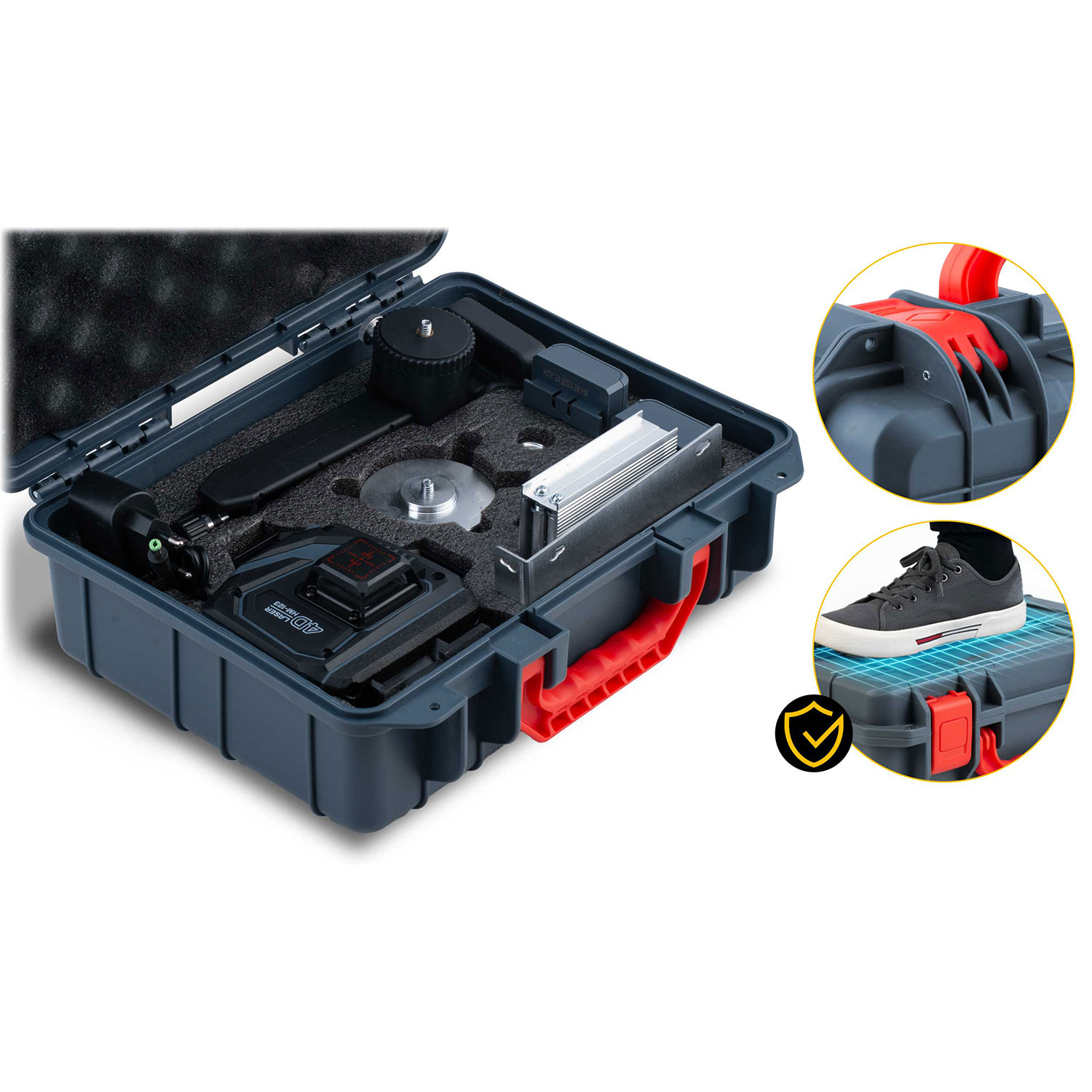 Niebieska skrzynka narzędziowa z poziomnicą laserową, akcesoriami i zbliżeniem buta na wierzchu. Czerwone detale uchwytu i zamka.