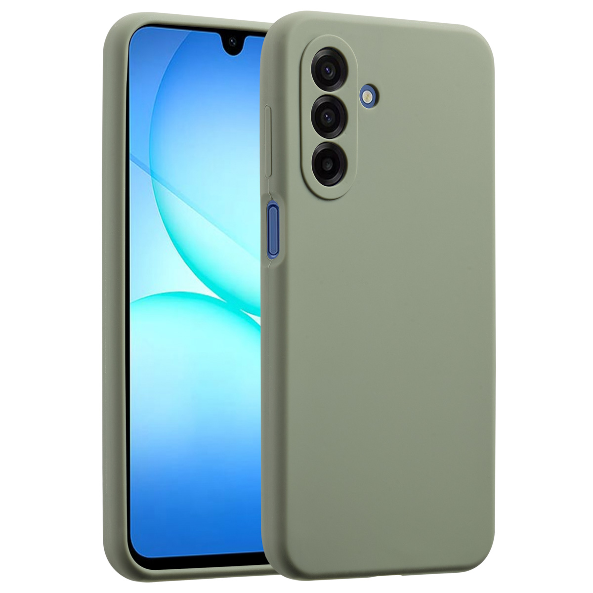 Een smartphone in een groene hoes. Het scherm toont een blauw-wit abstract ontwerp. De hoes heeft cameralenzen en een knop.