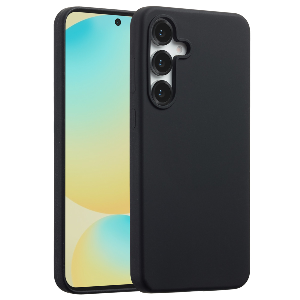 Een zwarte telefoonhoes met een telefoon erin. De telefoon heeft een scherm en een camera. De hoes heeft drie cameralenzen.