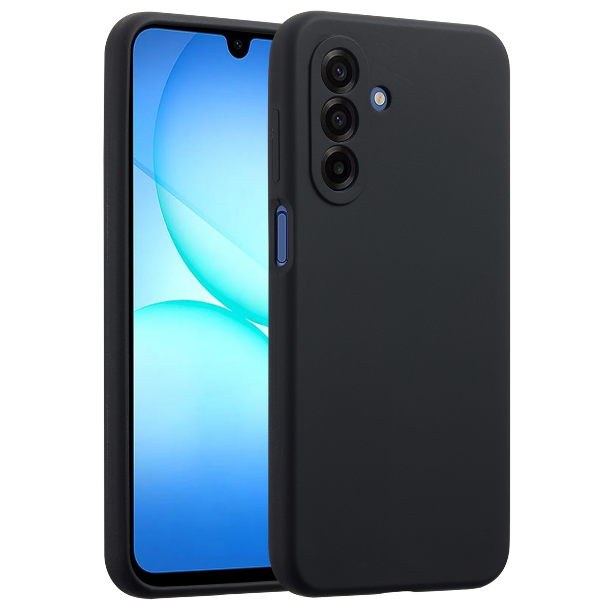 Een zwarte telefoon met een zwarte hoes wordt getoond. Het telefoonscherm toont een lichtblauwe en witte achtergrond. De hoes heeft drie camera's.
