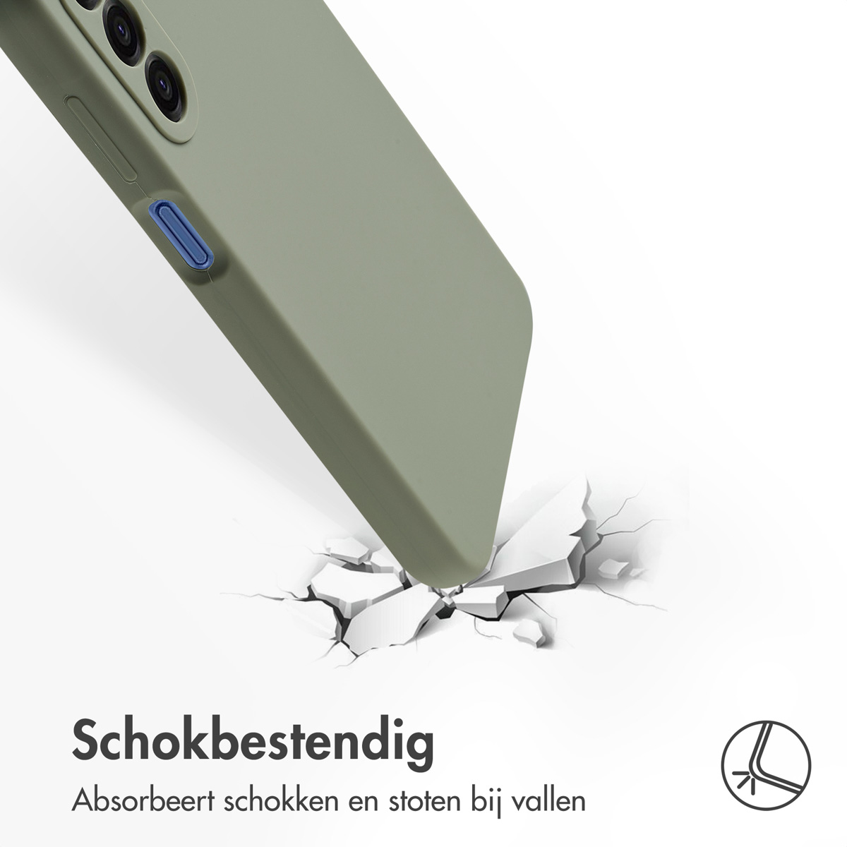 Een groene telefoonhoes valt op een oppervlak, waardoor deze breekt. Tekst: 'Schokbestendig'. De hoes staat schuin.