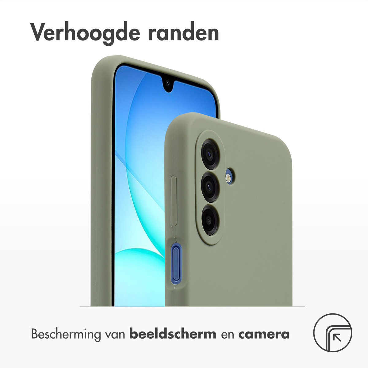 Twee olijfgroene telefoonhoesjes beschermen scherm en camera. Tekst: 'Verhoogde randen' en 'Bescherming van scherm en camera'.