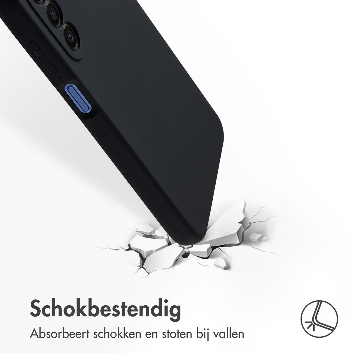 Zwarte telefoonhoes die op een oppervlak slaat, waardoor het breekt. De hoes heeft cameralenzen. Witte achtergrond met tekst.