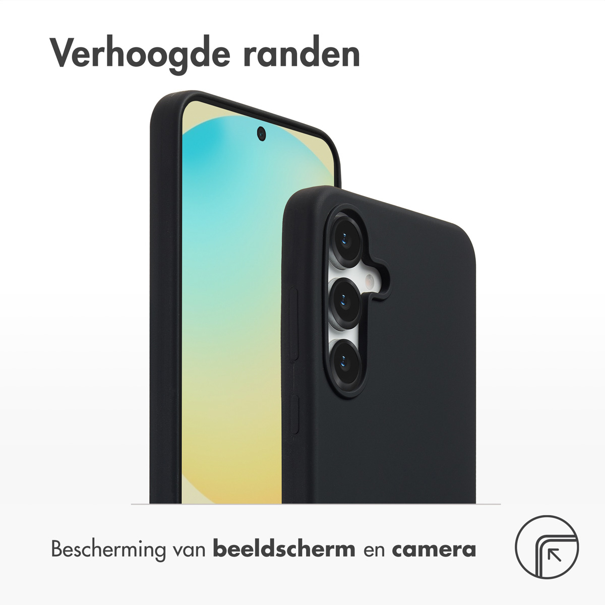 Twee zwarte telefoonhoesjes, één met de telefoon erin. Tekst zegt 'Verhoogde randen' en 'Bescherming van beeldscherm en camera'.