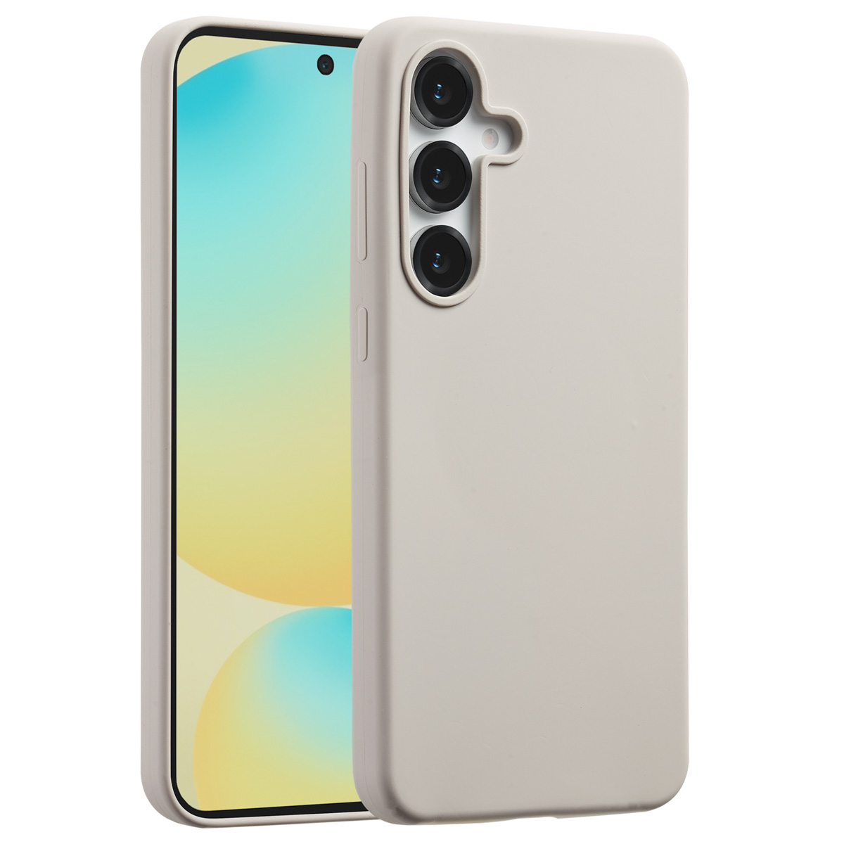Een beige telefoonhoesje naast een telefoon. Het scherm toont een kleurverloop. De hoes heeft drie cameralenzen.
