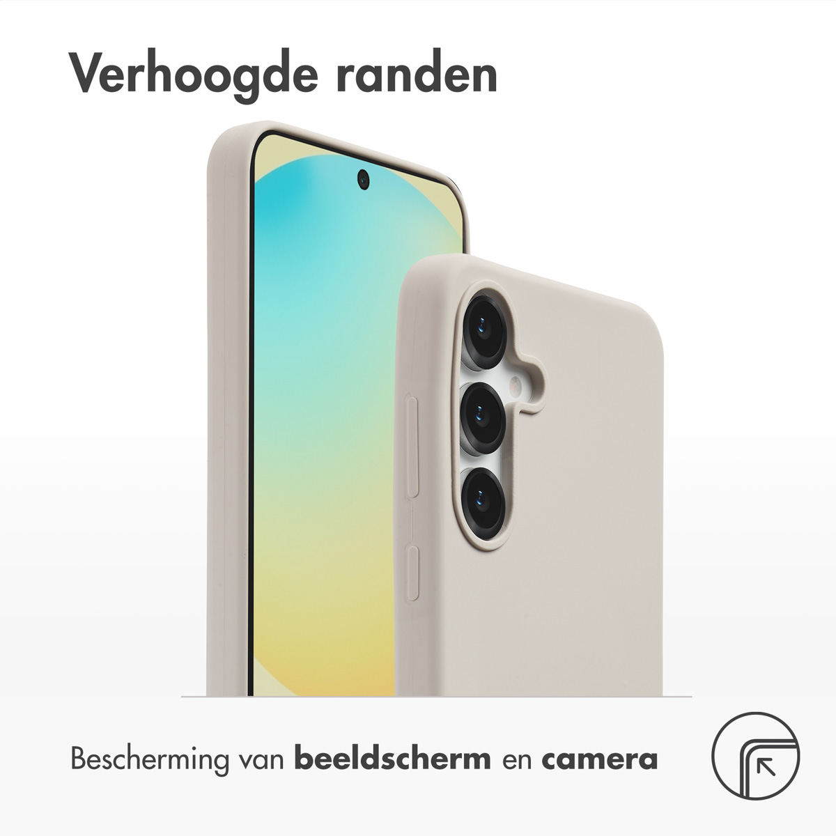 Twee beige telefoonhoesjes, één op een telefoon, met verhoogde randen en scherm-/kamerabescherming. Nederlandse tekst boven en onder.