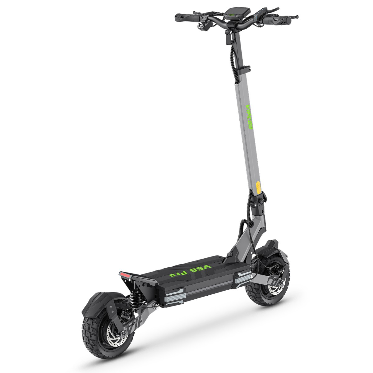 Hulajnoga elektryczna na białym tle. Jest szara i czarna z zielonymi akcentami. Hulajnoga ma dwa koła i kierownicę.