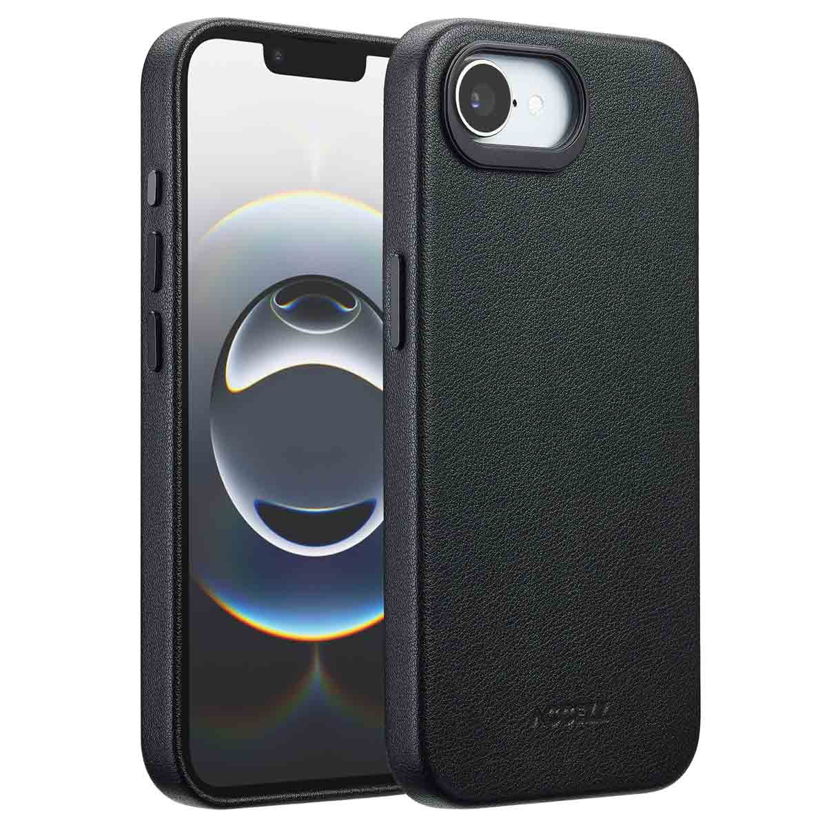 Twee zwarte telefoonhoesjes, één met een telefoon erin. De hoesjes hebben een textuur en bedekken de telefoons volledig.