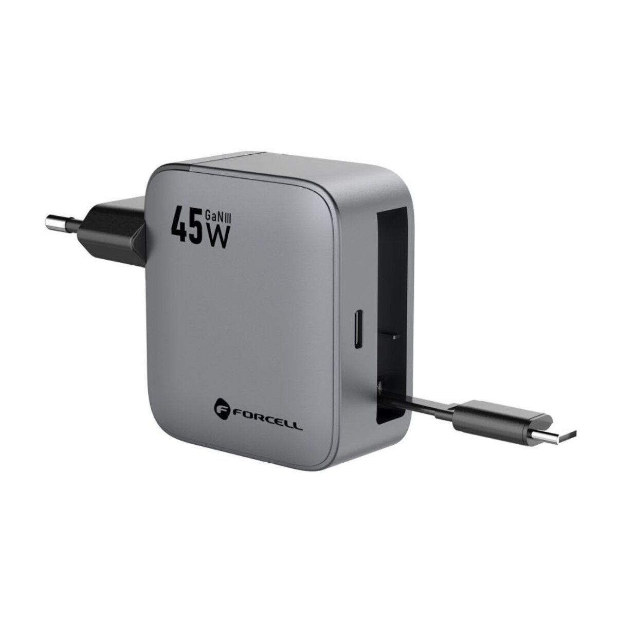 Un caricatore Forcell 45W GaN III argentato con cavo USB-C e spina europea su sfondo bianco.
