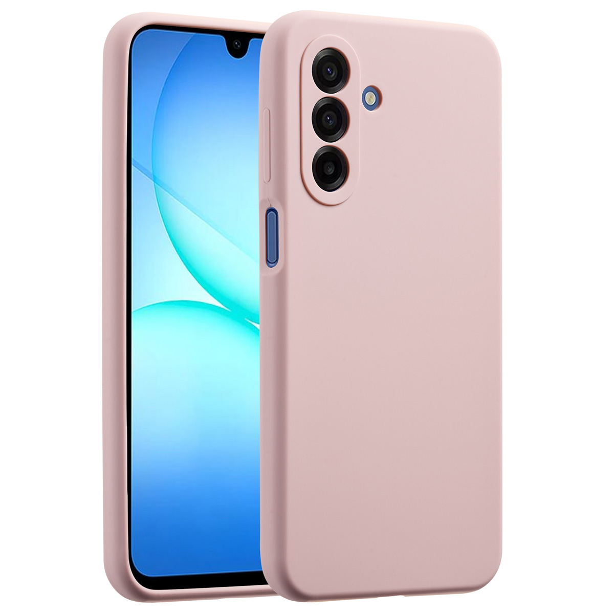 Een roze telefoonhoesje met een telefoon erin. De hoes heeft drie cameralenzen en een blauwe knop. Het telefoonscherm toont een blauw-wit ontwerp.
