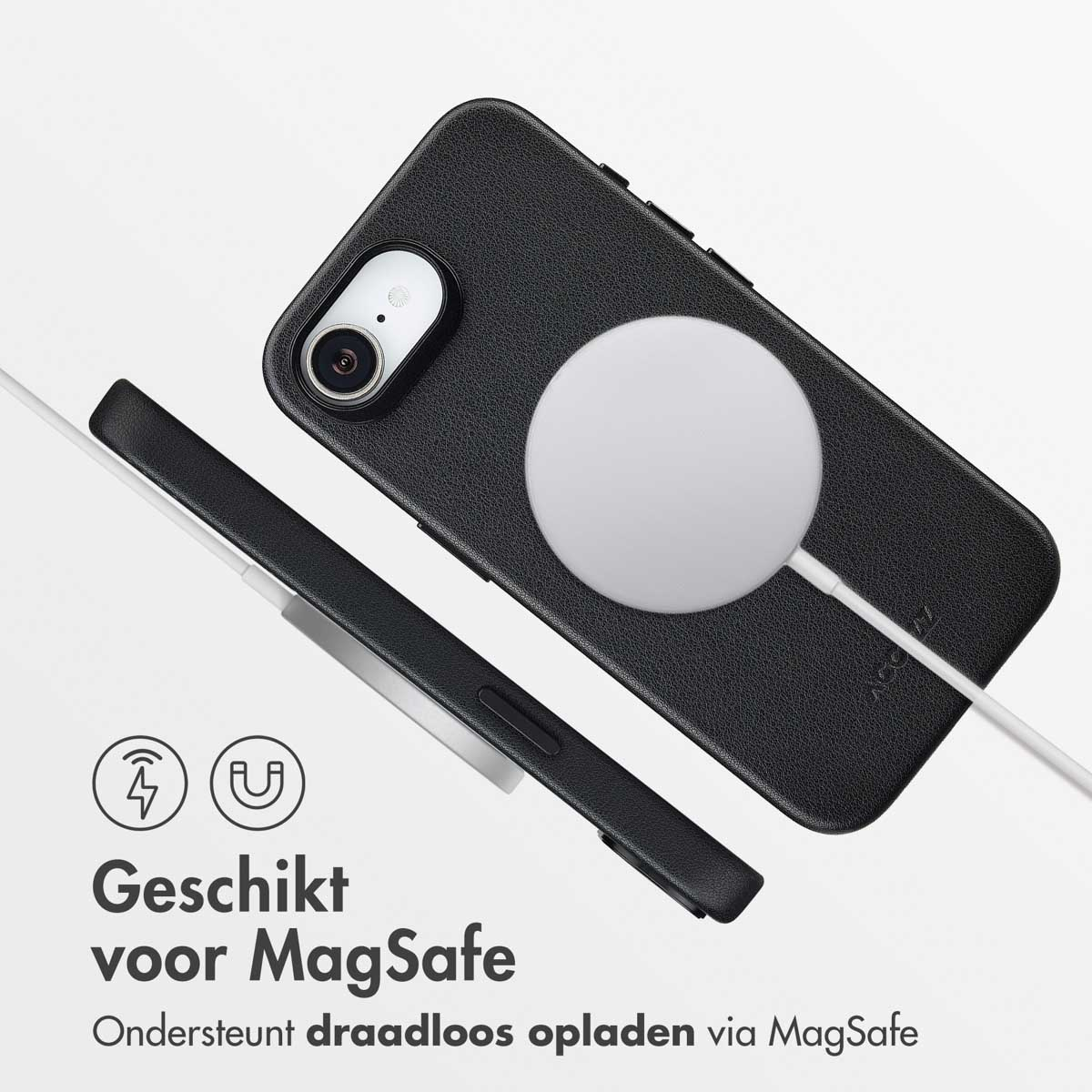 Zwarte telefoonhoes met witte MagSafe-oplader. Tekst: 'Geschikt voor MagSafe'. Draadloos opladen via MagSafe wordt ondersteund.